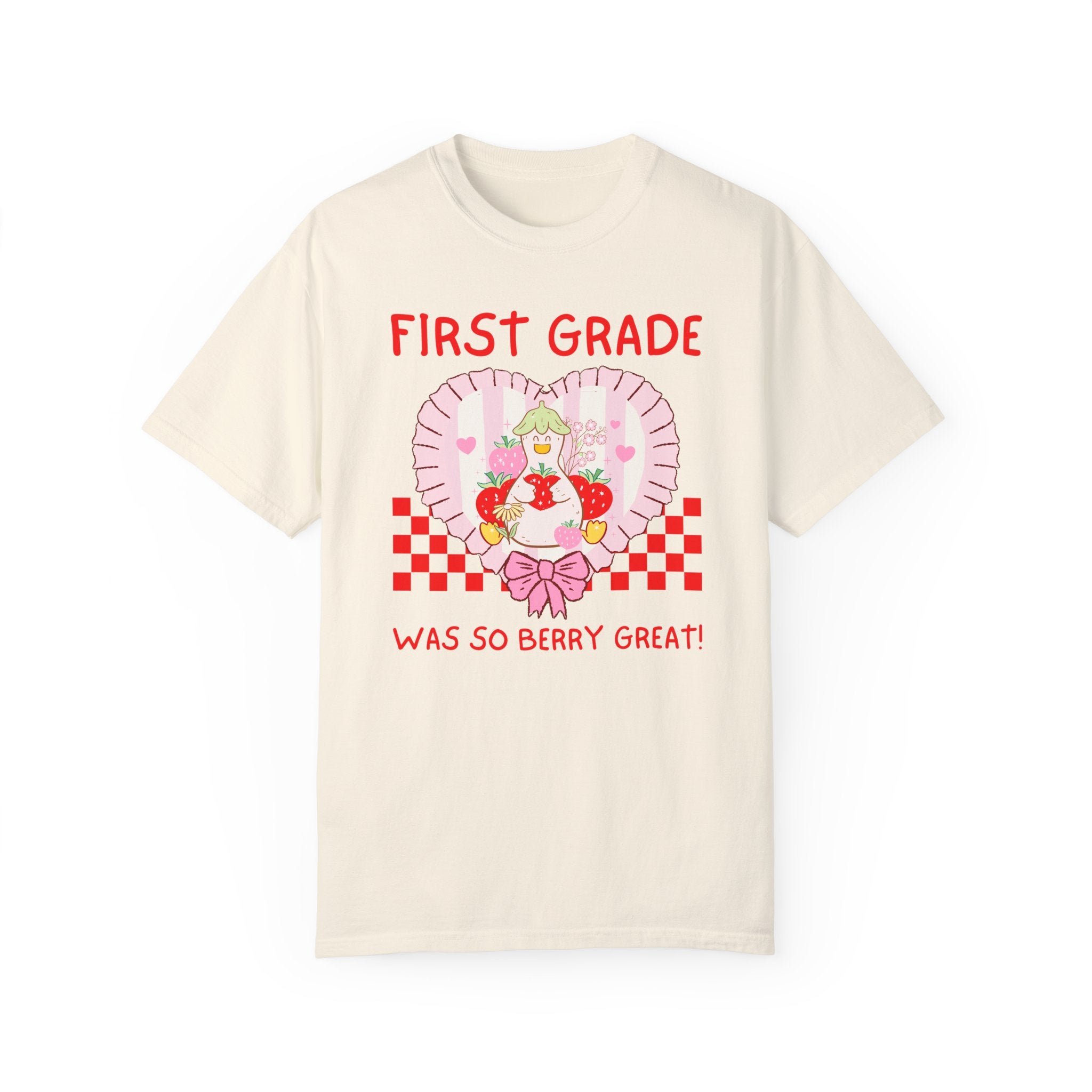 First Grade Last Day of School Teacher Tee Shirt with Silly Goose Holding Strawberries in a Heart, Cute Matching First Grade Crew T-Shirt - Opal and June