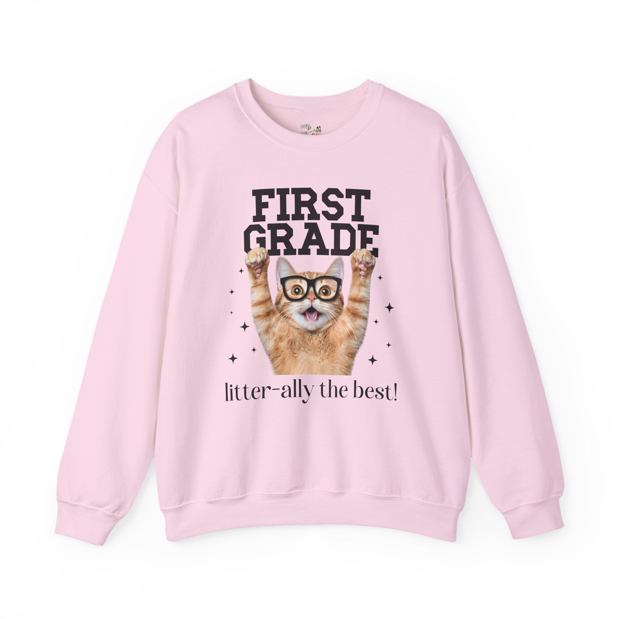 First Grade Teacher Cat Lover Sweatshirt for Back to School, Funny Saying Cat Mom or Cat Dad Gift, First Day of School Teacher Team Shirt - Opal and June