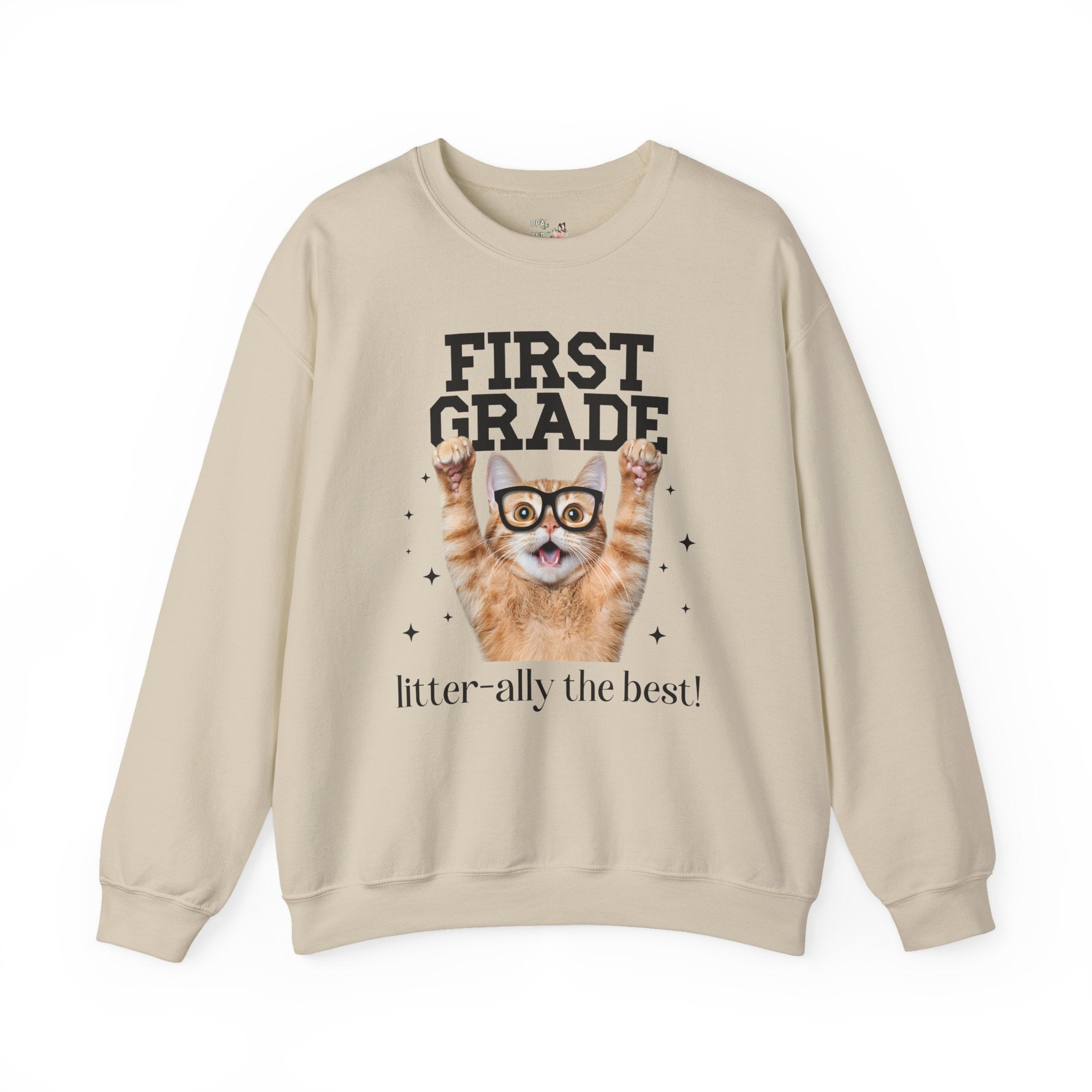 First Grade Teacher Cat Lover Sweatshirt for Back to School, Funny Saying Cat Mom or Cat Dad Gift, First Day of School Teacher Team Shirt - Opal and June
