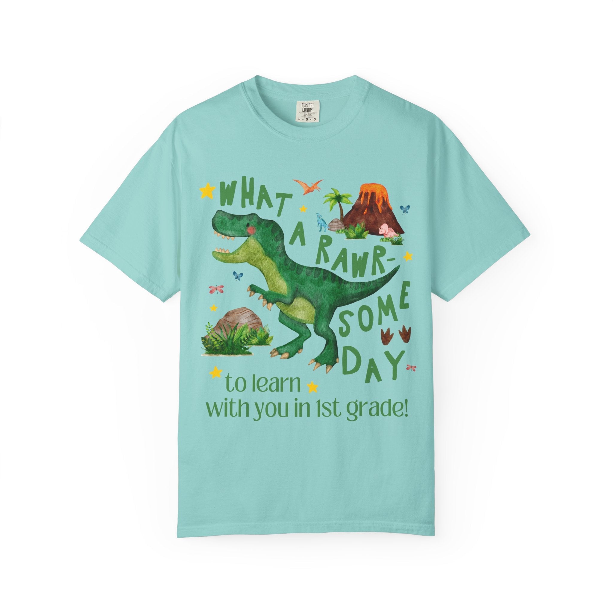 First Grade Teacher Dinosaur Lover Tee Shirt, Cute Matching Back to School First Grade Team or Crew T-Shirt with Stars, New Teacher Gift - Opal and June