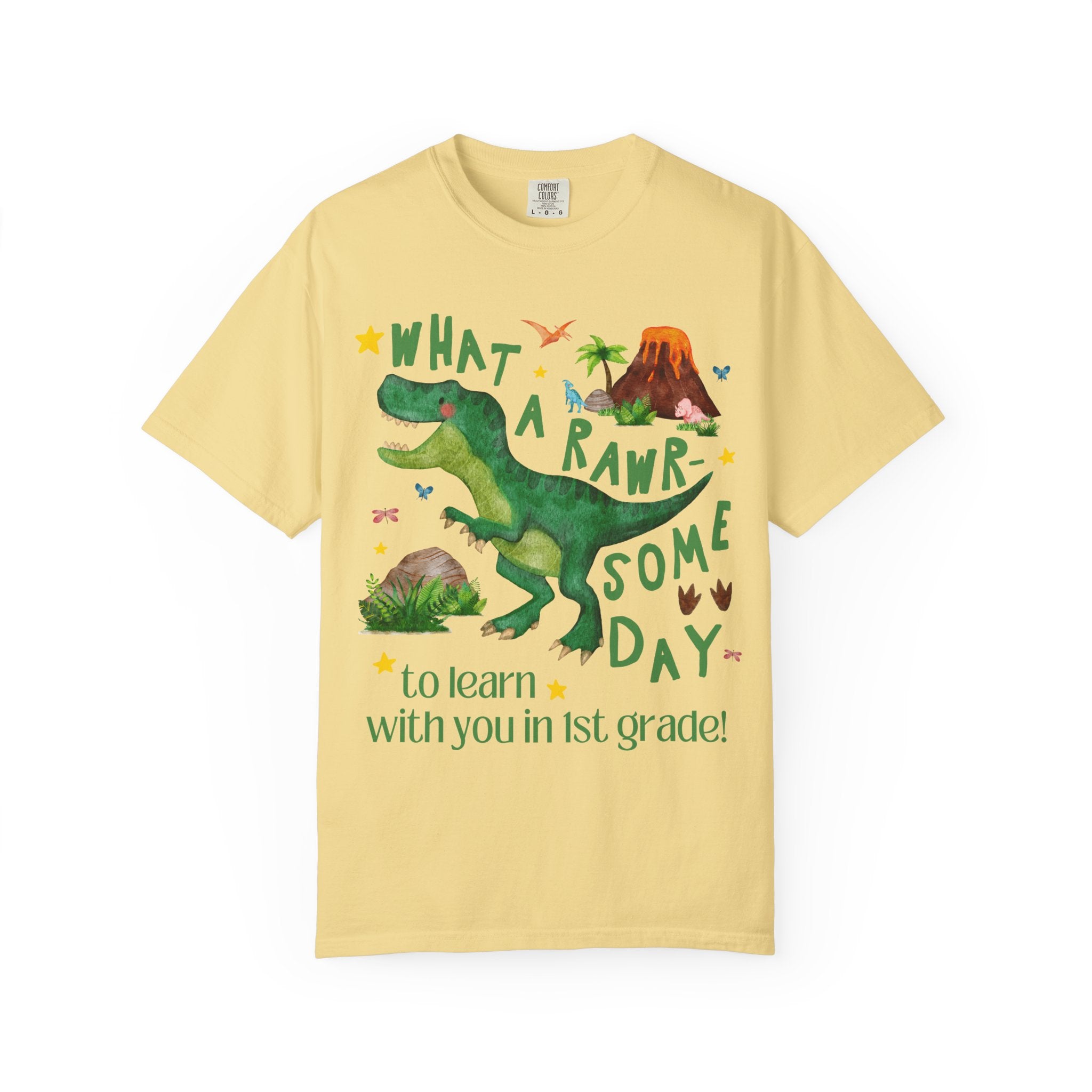 First Grade Teacher Dinosaur Lover Tee Shirt, Cute Matching Back to School First Grade Team or Crew T-Shirt with Stars, New Teacher Gift - Opal and June