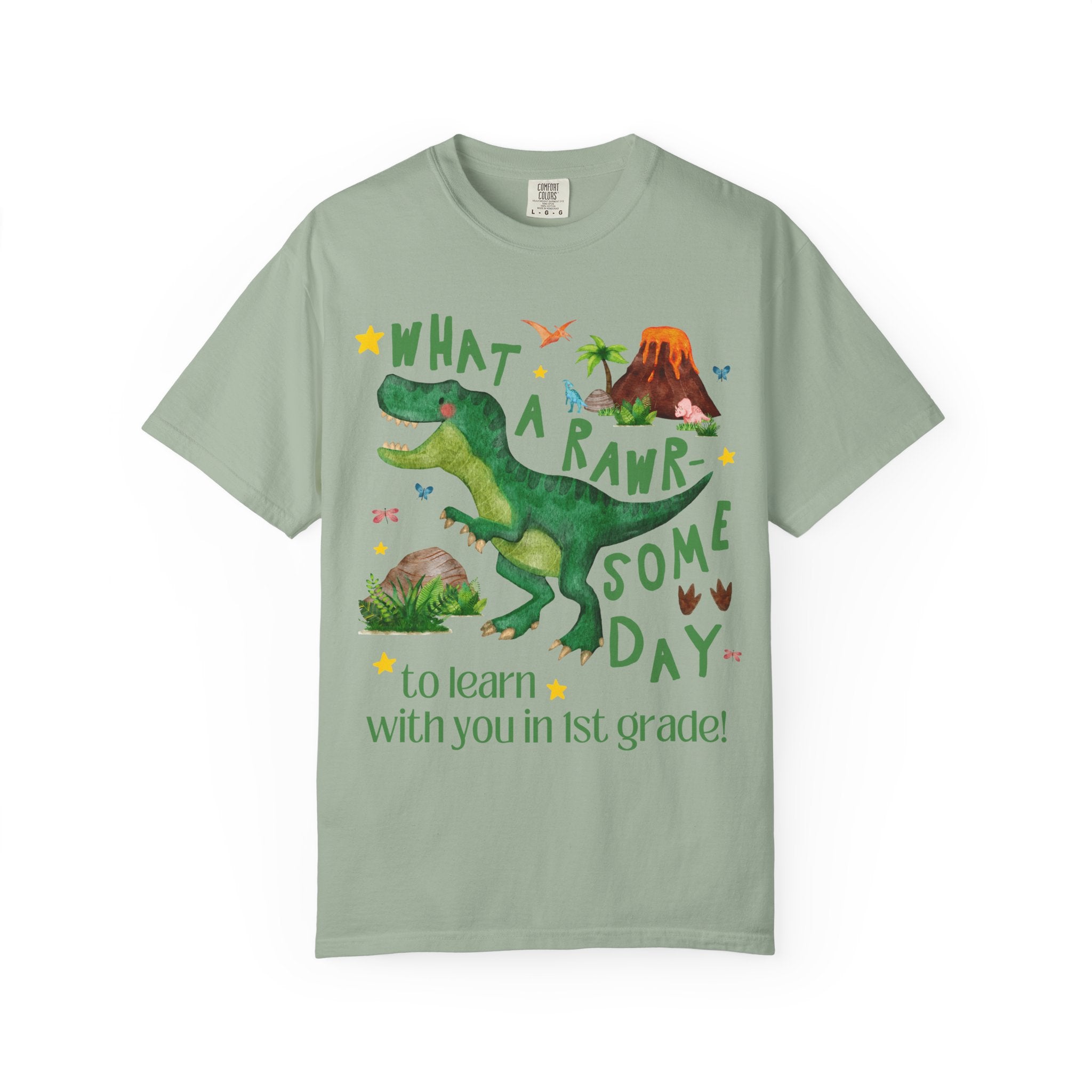 First Grade Teacher Dinosaur Lover Tee Shirt, Cute Matching Back to School First Grade Team or Crew T-Shirt with Stars, New Teacher Gift - Opal and June