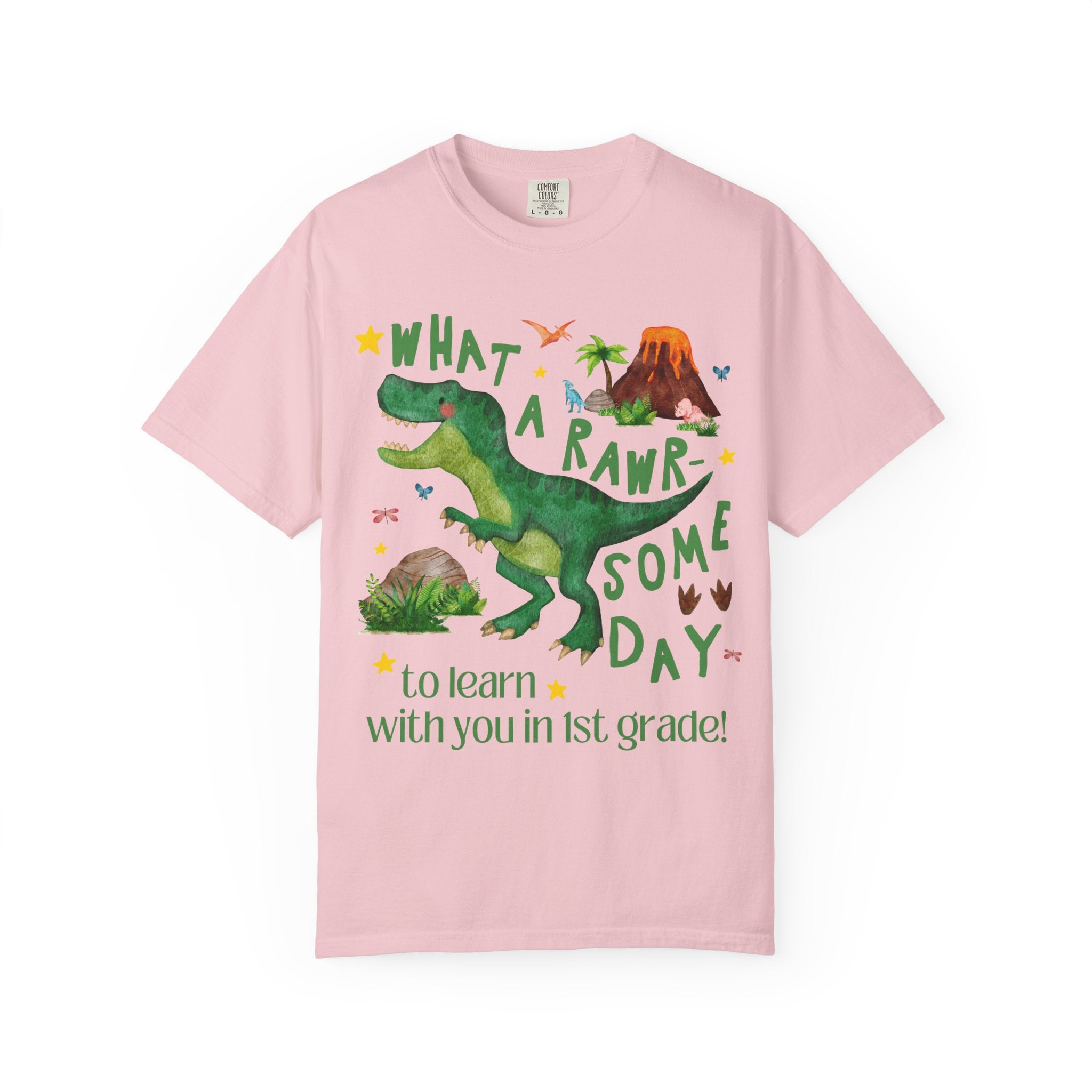 First Grade Teacher Dinosaur Lover Tee Shirt, Cute Matching Back to School First Grade Team or Crew T-Shirt with Stars, New Teacher Gift - Opal and June
