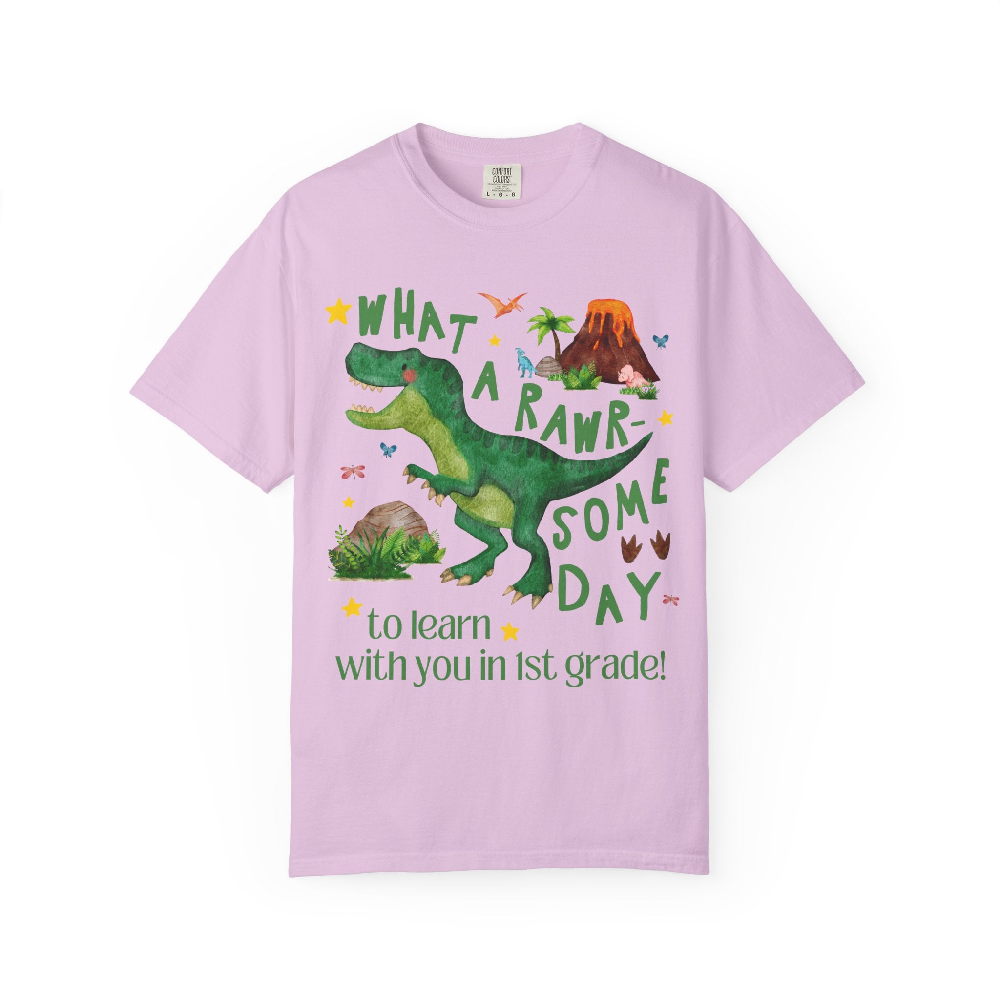 First Grade Teacher Dinosaur Lover Tee Shirt, Cute Matching Back to School First Grade Team or Crew T-Shirt with Stars, New Teacher Gift - Opal and June