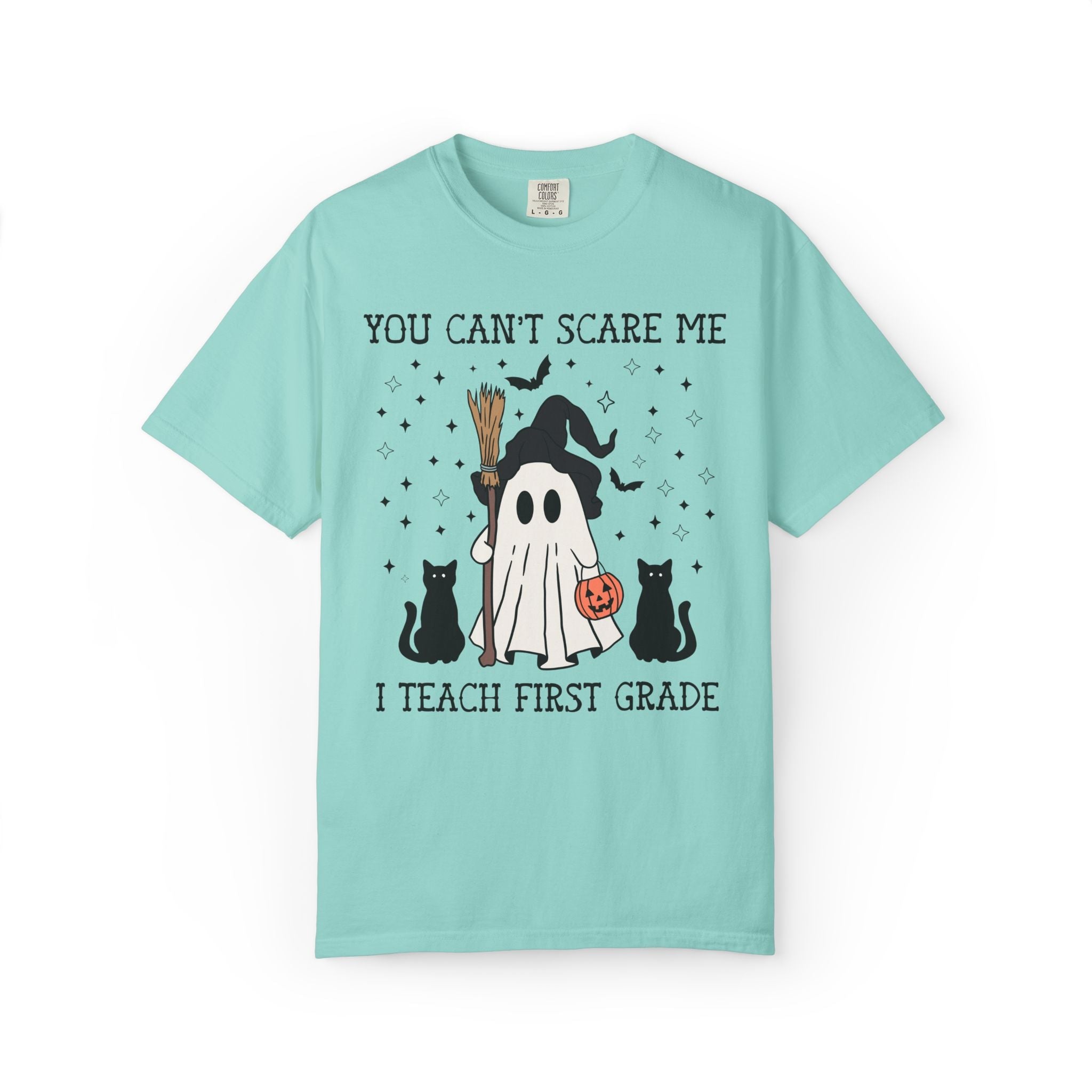 First Grade Teacher Halloween Tee Shirt with Witchy Ghost and Black Cats for Spooky Season: You Can't Scare Me, 1st Grade Team T-Shirt - Opal and June