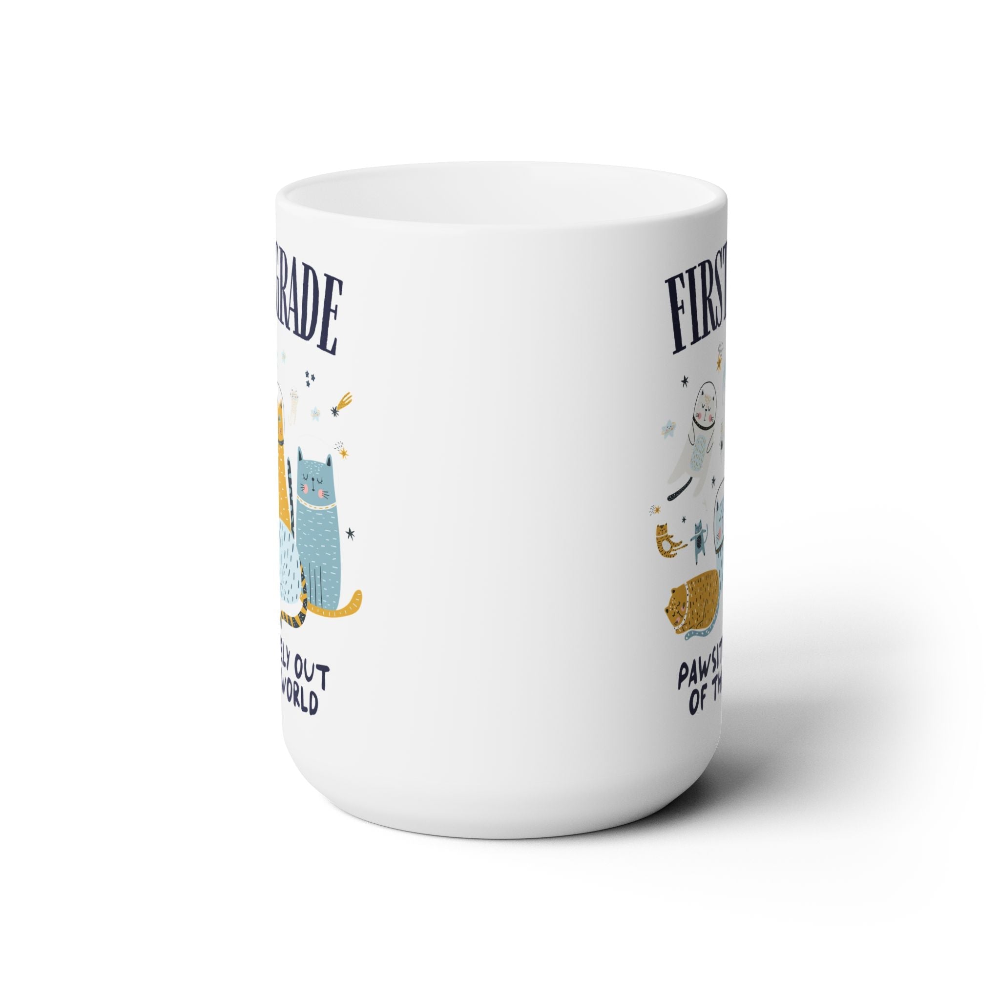 First Grade Teacher Space Cat 15 Oz Coffee Mug with Astronaut Kittens and Stars: Pawsitively Out of This World Teacher Team Mug for Cat Lover - Opal and June