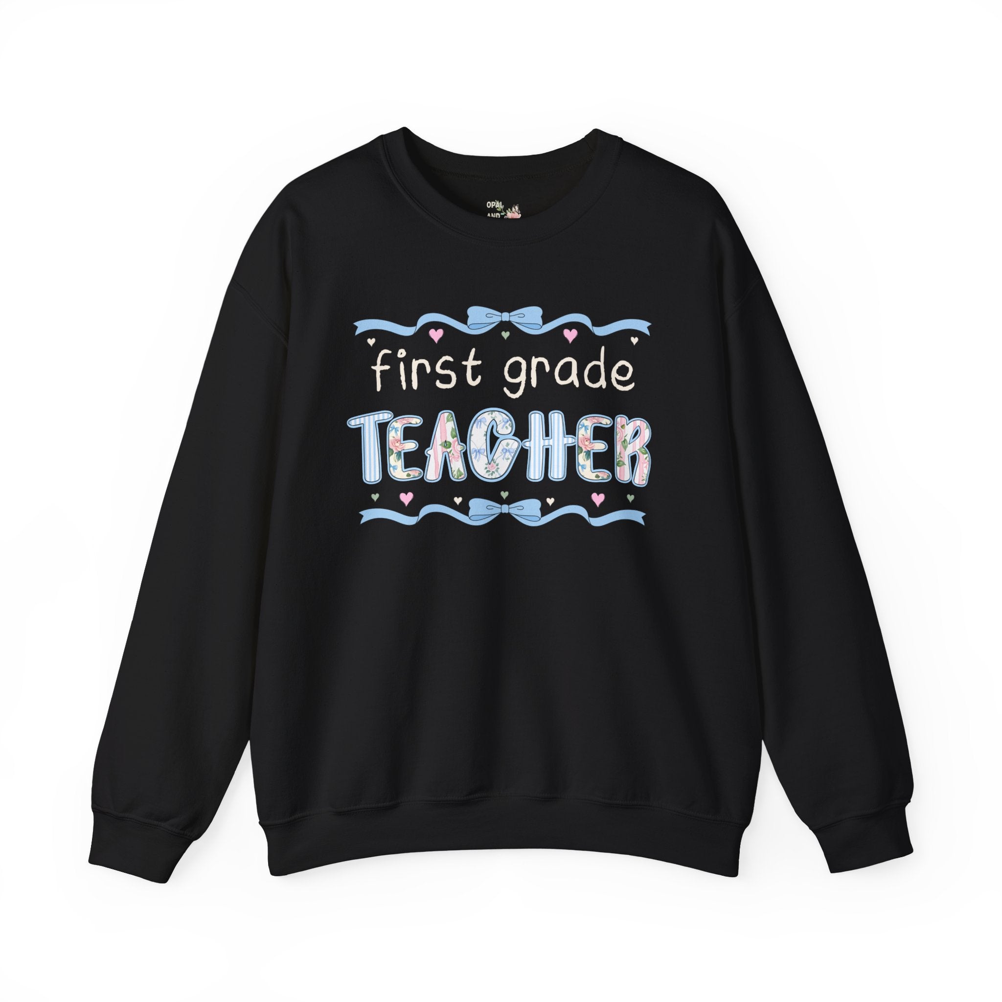 First Grade Teacher Sweatshirt, Back to School, Cute First Day of School Teacher Shirt with Bow, Boho 90s Aesthetic Teacher Team Crewneck - Opal and June