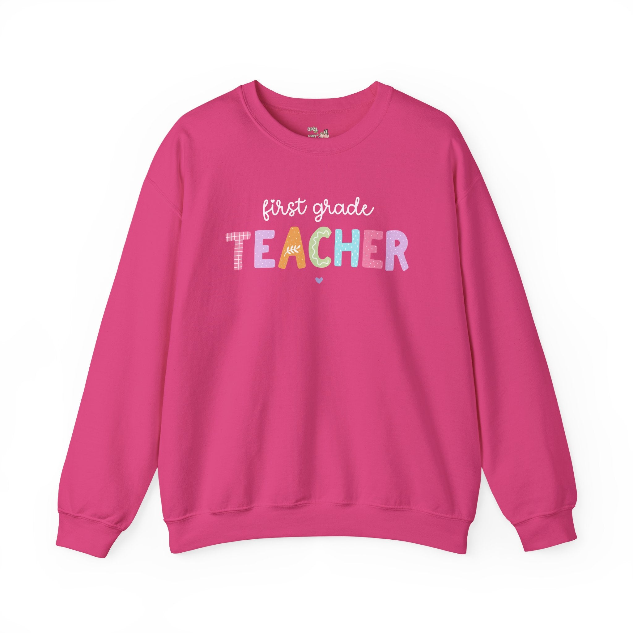 First Grade Teacher Sweatshirt, First Grade Crewneck, Cute First Day of School Colorful 90s Scrapbook Vibe, New Teacher Congratulations Gift - Opal and June