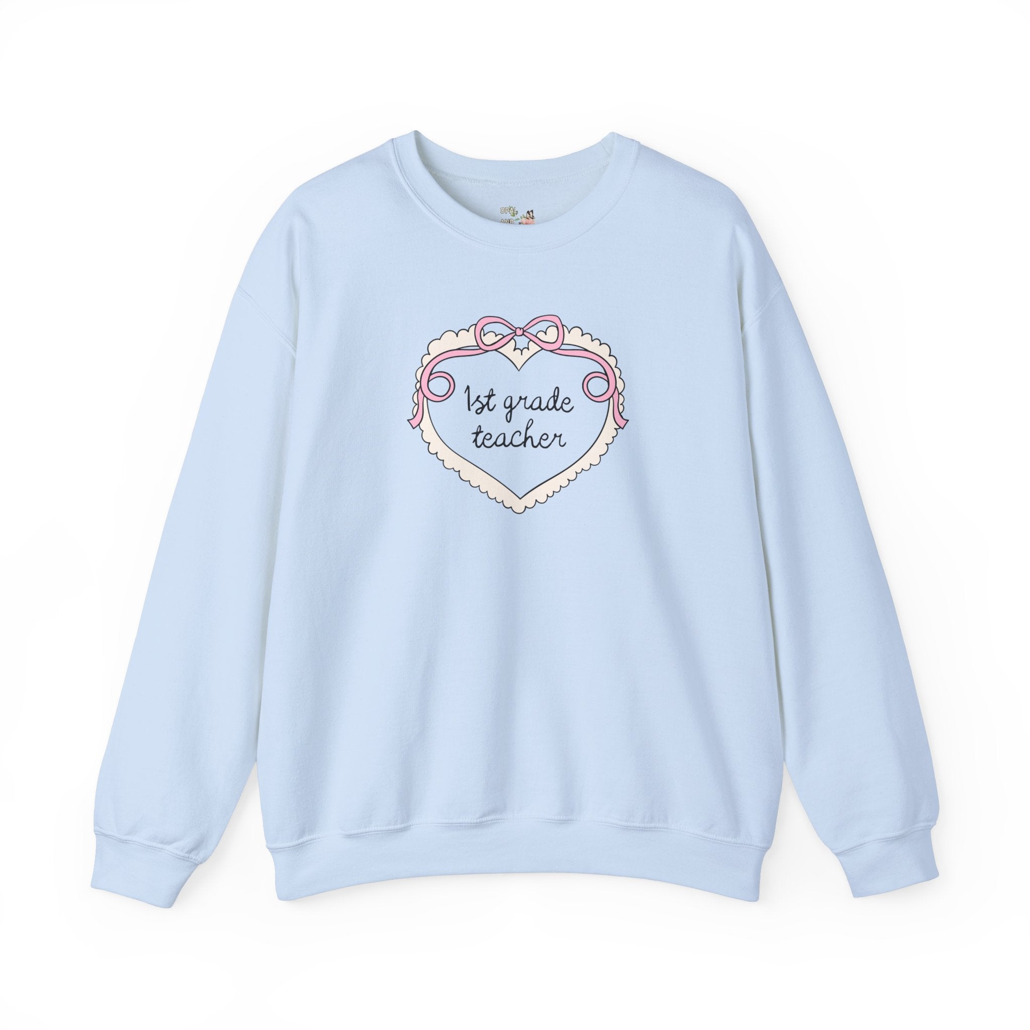 First Grade Teacher Sweatshirt for First Grade Crew, Cute Retro Aesthetic Heart Shirt with Ribbon, Matching Teacher, New Teaching Job Gift - Opal and June