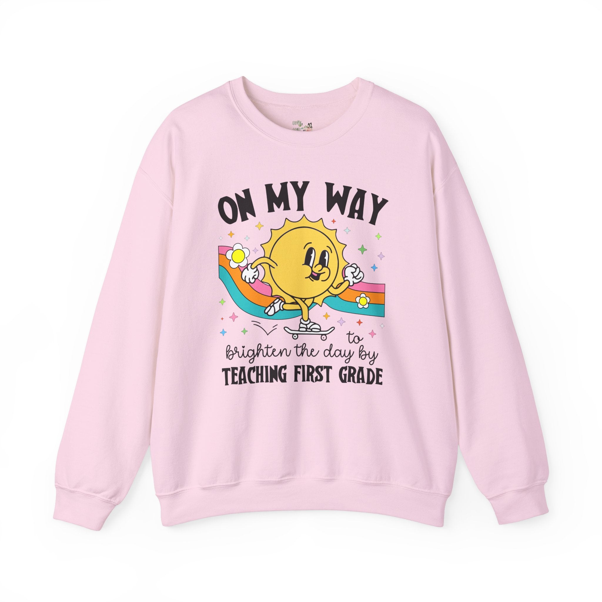 First Grade Teacher Sweatshirt, Matching First Grade Crew Shirt for First Day of School, Groovy Retro Aesthetic Teacher Appreciation Gift - Opal and June