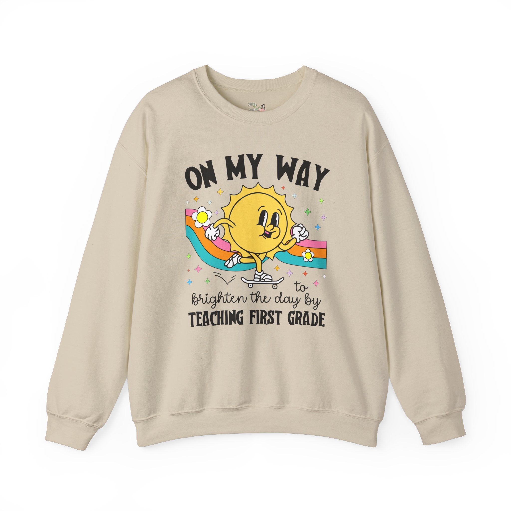 First Grade Teacher Sweatshirt, Matching First Grade Crew Shirt for First Day of School, Groovy Retro Aesthetic Teacher Appreciation Gift - Opal and June