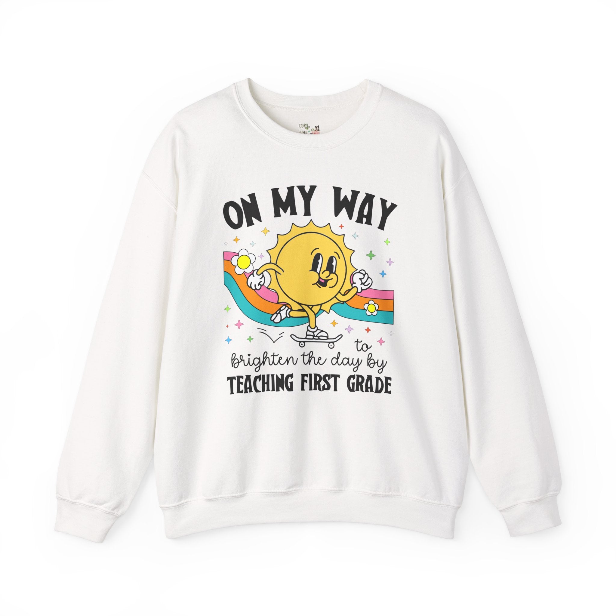 First Grade Teacher Sweatshirt, Matching First Grade Crew Shirt for First Day of School, Groovy Retro Aesthetic Teacher Appreciation Gift - Opal and June