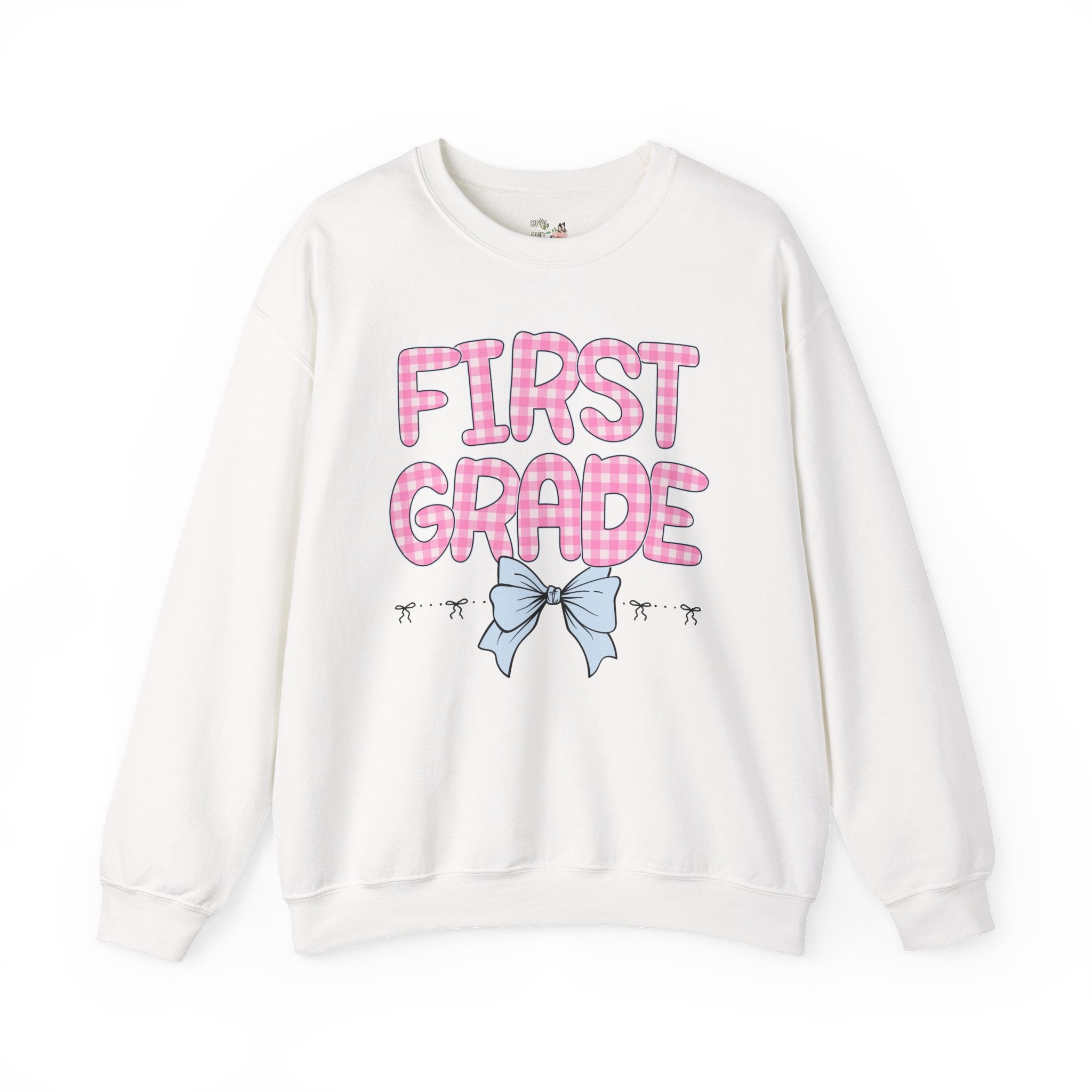 First Grade Teacher Sweatshirt, Pink Gingham Letters, First Day of School, Back to School Matching Teacher Shirt with Bow, Soft Girl Style - Opal and June