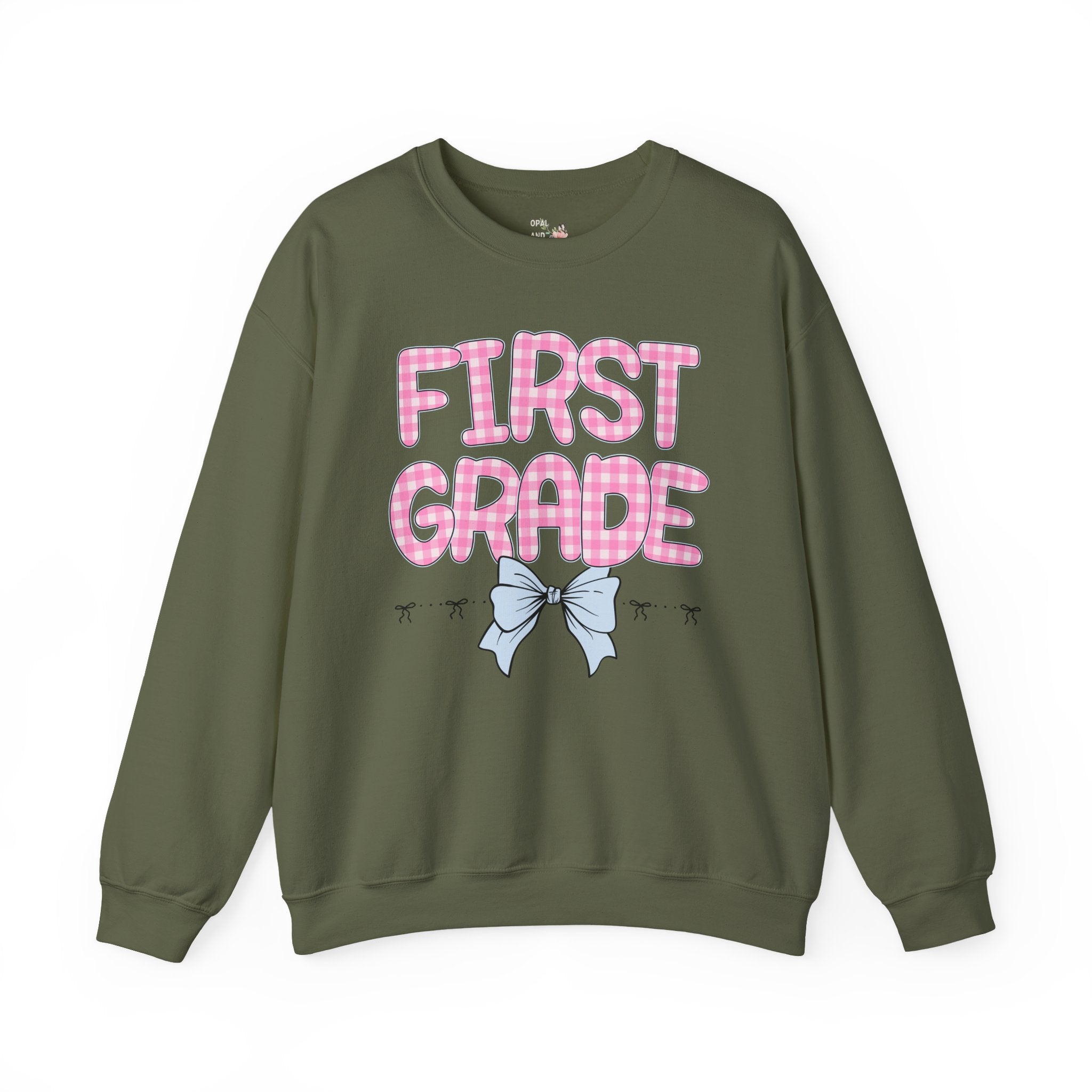 First Grade Teacher Sweatshirt, Pink Gingham Letters, First Day of School, Back to School Matching Teacher Shirt with Bow, Soft Girl Style - Opal and June