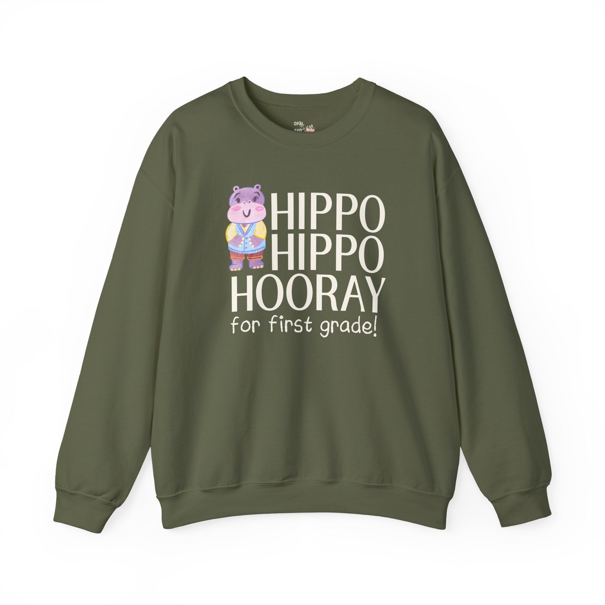 First Grade Teacher Sweatshirt with Adorable Retro Hippo, Funny Back to School Teacher Team Crewneck for Animal Lover, New Teacher Gift - Opal and June
