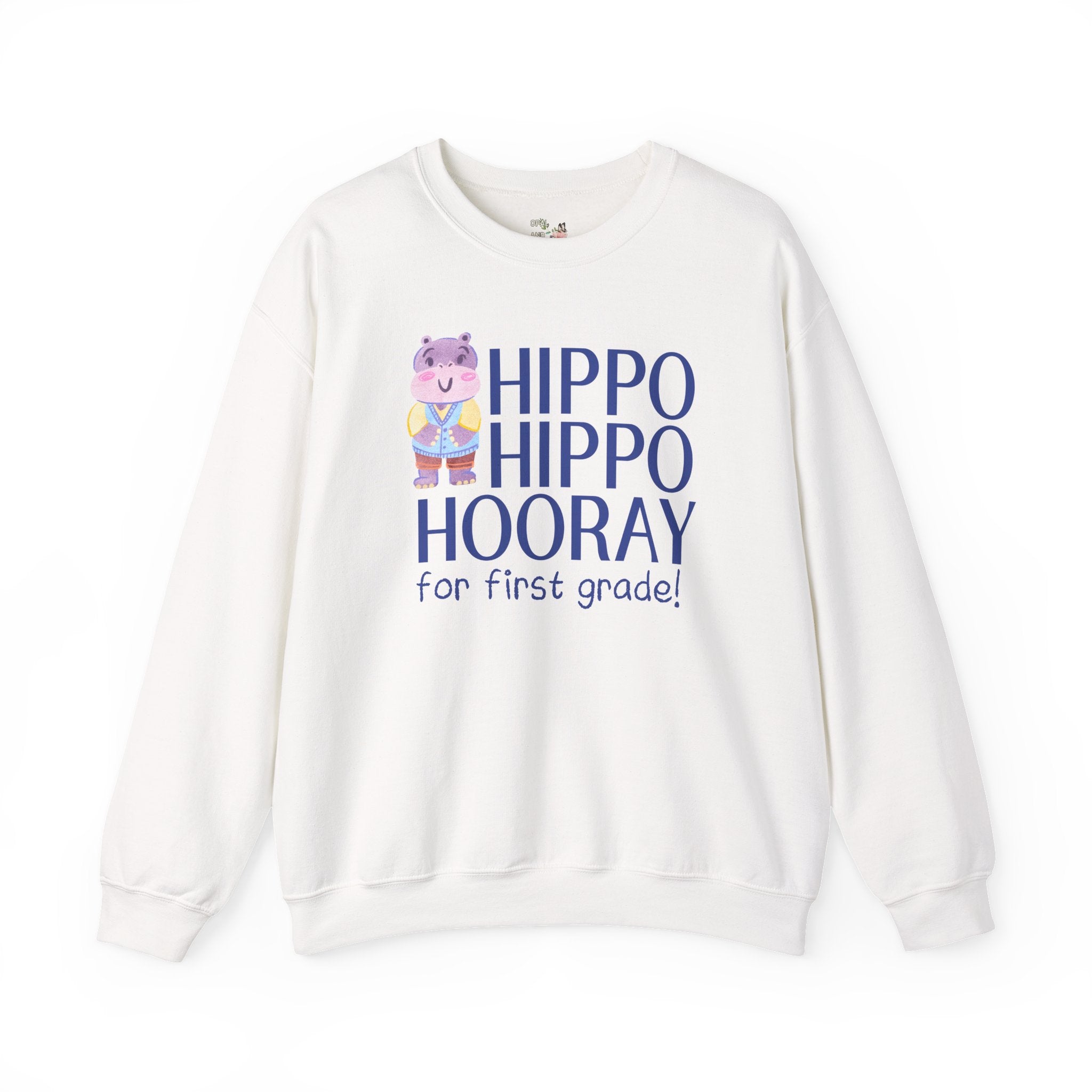 First Grade Teacher Sweatshirt with Adorable Retro Hippo, Funny Back to School Teacher Team Crewneck for Animal Lover, New Teacher Gift - Opal and June