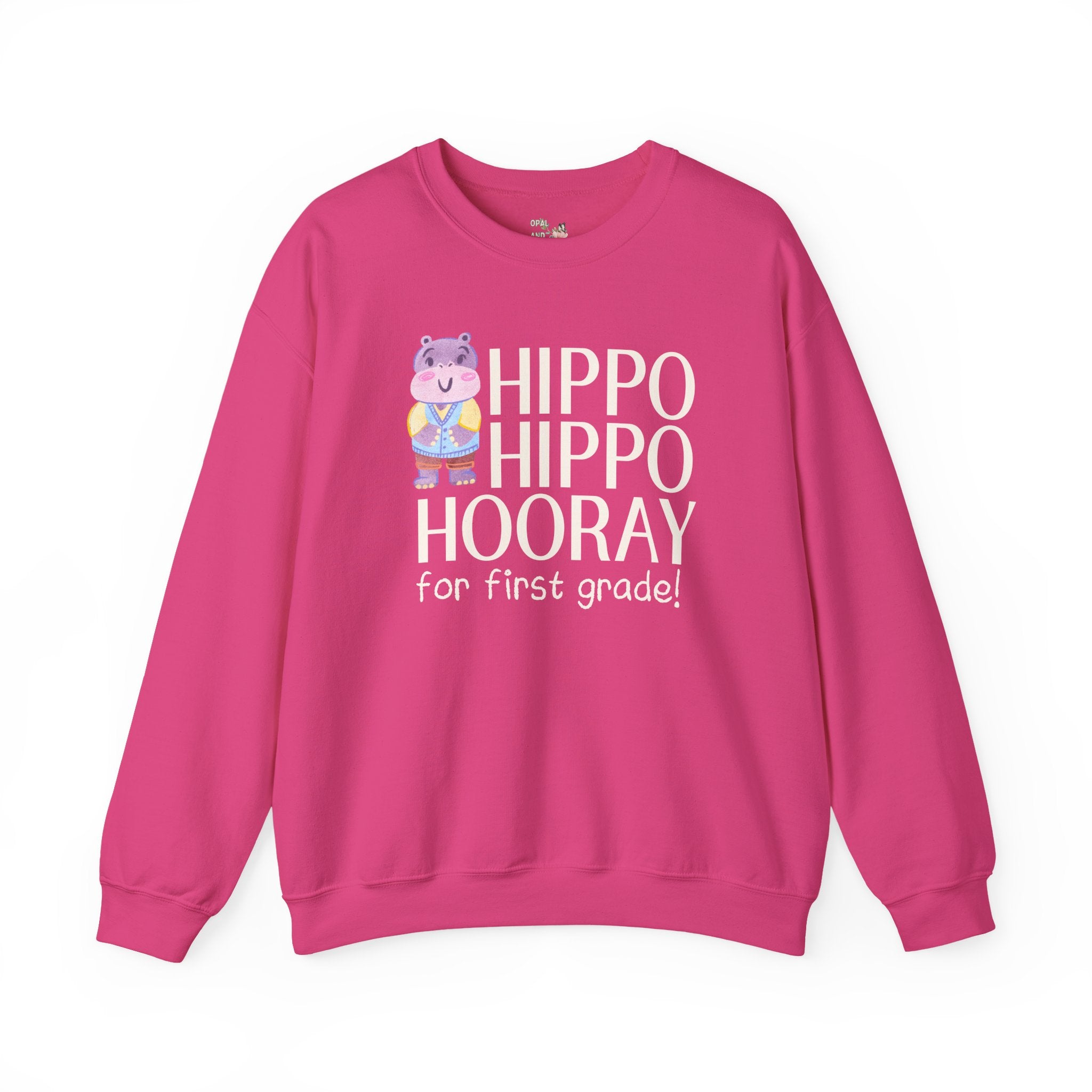First Grade Teacher Sweatshirt with Adorable Retro Hippo, Funny Back to School Teacher Team Crewneck for Animal Lover, New Teacher Gift - Opal and June