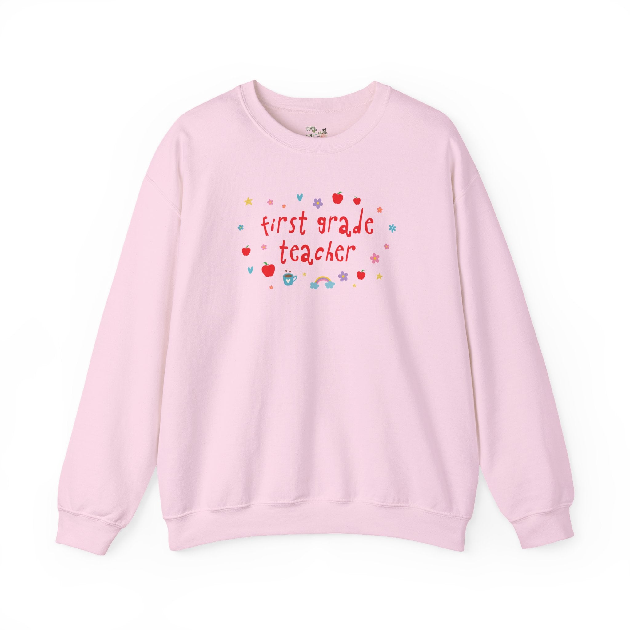 First Grade Teacher Sweatshirt with Apples and Cute Flowers, Retro Groovy Y2K Aesthetic First Grade Crew Matching Crewneck, Back to School - Opal and June