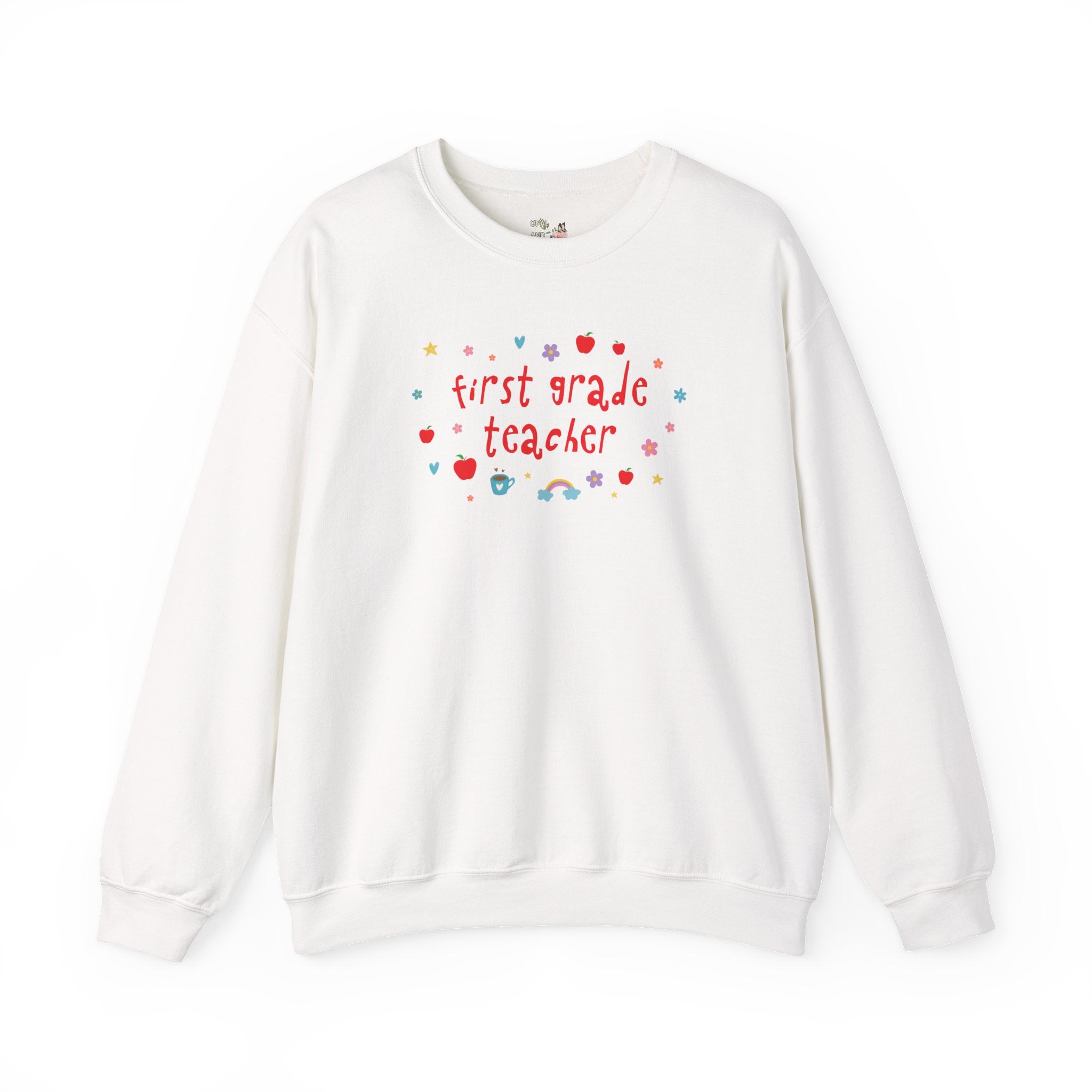 First Grade Teacher Sweatshirt with Apples and Cute Flowers, Retro Groovy Y2K Aesthetic First Grade Crew Matching Crewneck, Back to School - Opal and June