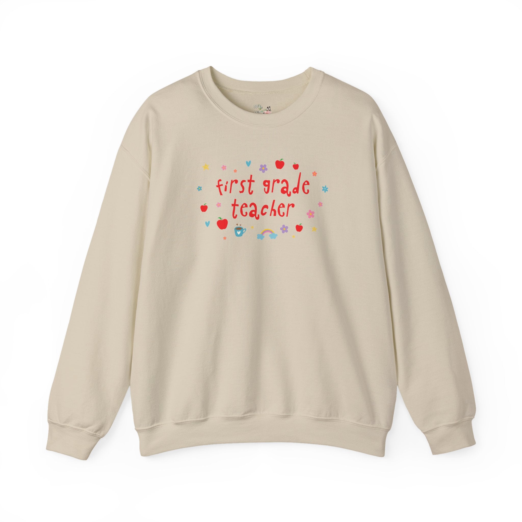 First Grade Teacher Sweatshirt with Apples and Cute Flowers, Retro Groovy Y2K Aesthetic First Grade Crew Matching Crewneck, Back to School - Opal and June