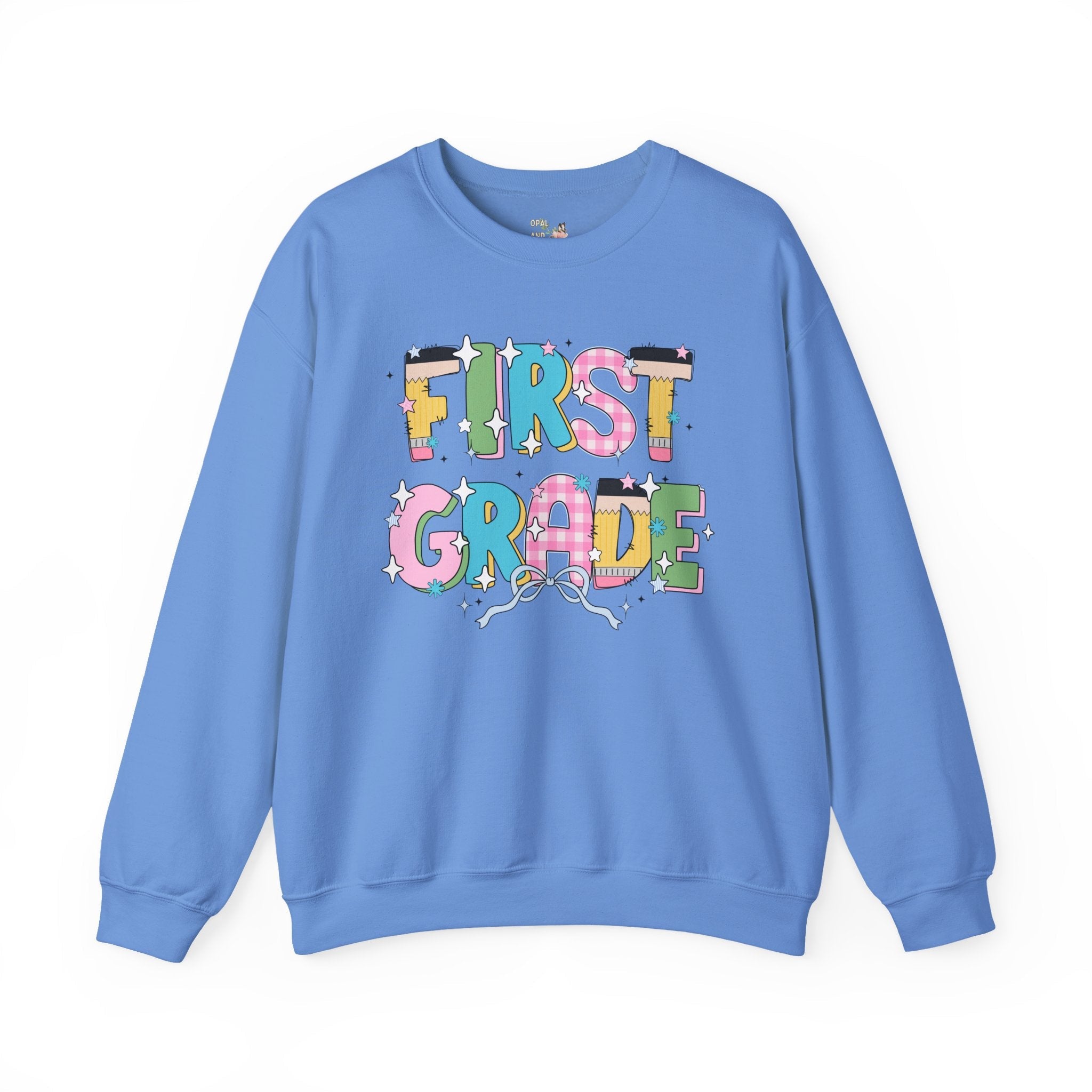 First Grade Teacher Sweatshirt with Bow and Adorable Early 2000s Style Doodles, Teacher Team Shirt, Back to School, First Day of School - Opal and June