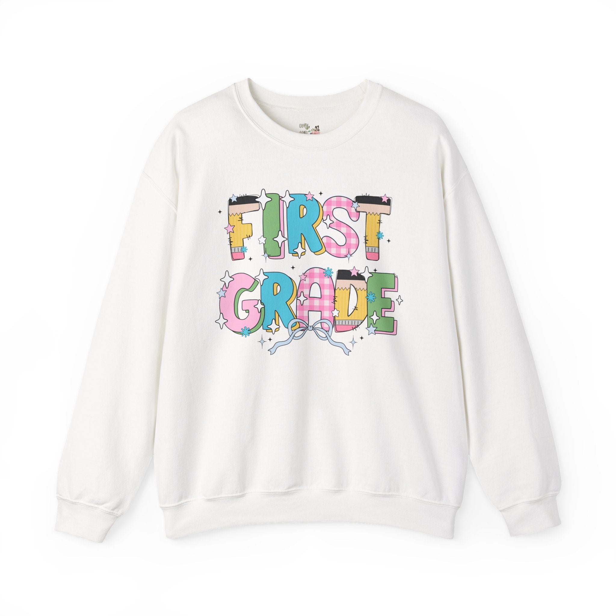 First Grade Teacher Sweatshirt with Bow and Adorable Early 2000s Style Doodles, Teacher Team Shirt, Back to School, First Day of School - Opal and June
