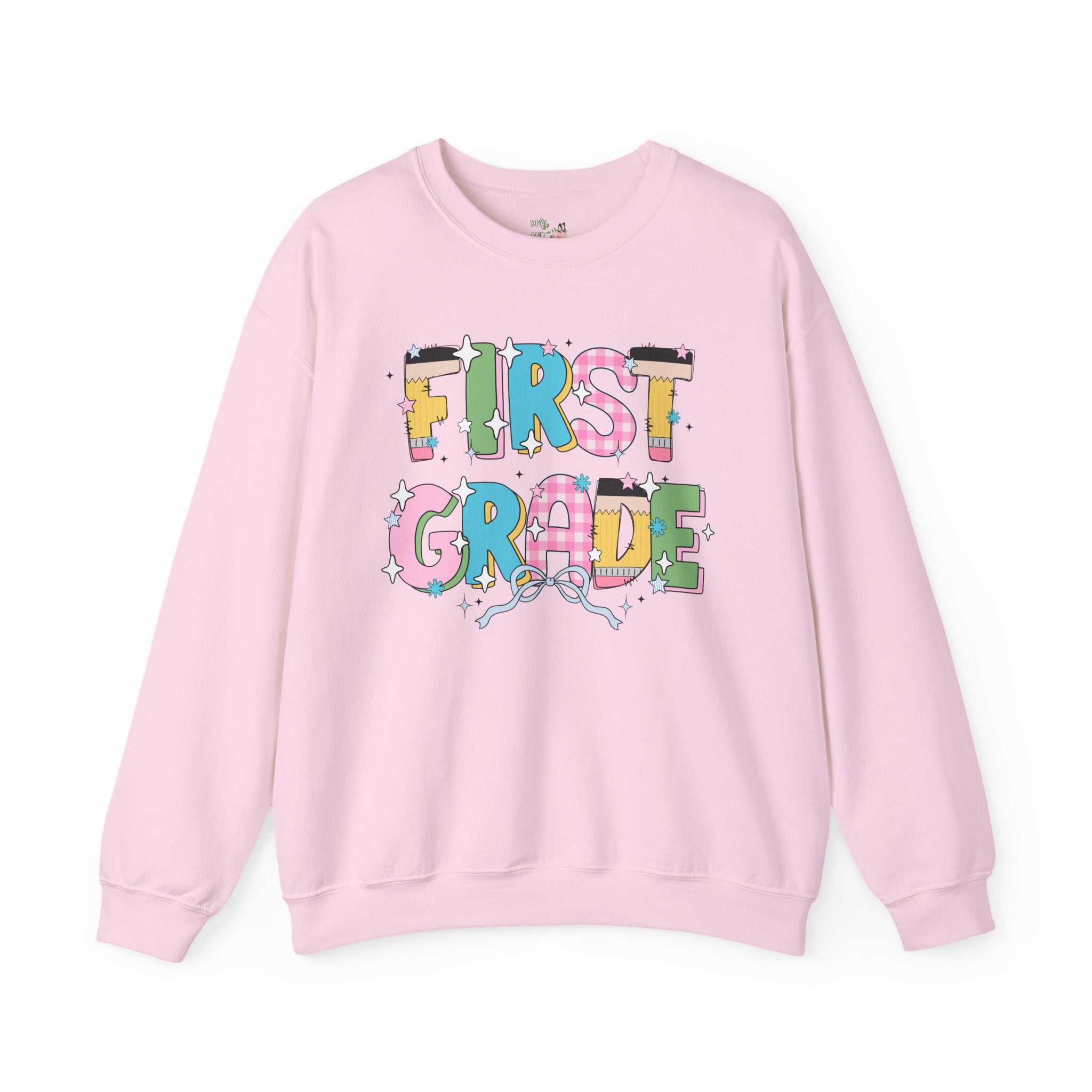 First Grade Teacher Sweatshirt with Bow and Adorable Early 2000s Style Doodles, Teacher Team Shirt, Back to School, First Day of School - Opal and June