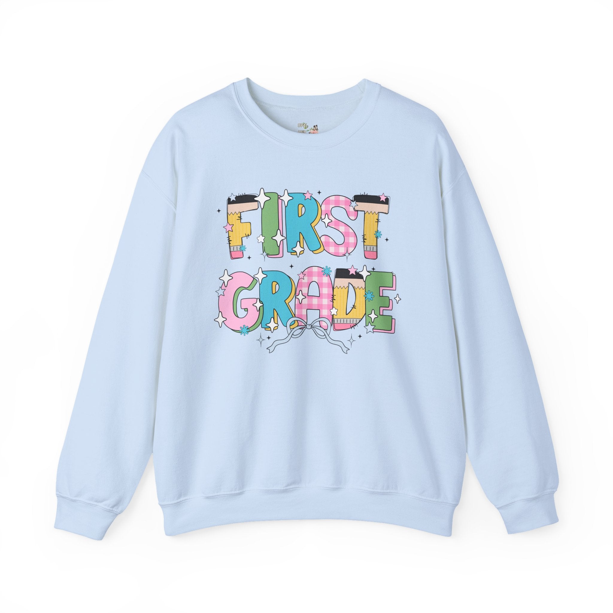 First Grade Teacher Sweatshirt with Bow and Adorable Early 2000s Style Doodles, Teacher Team Shirt, Back to School, First Day of School - Opal and June
