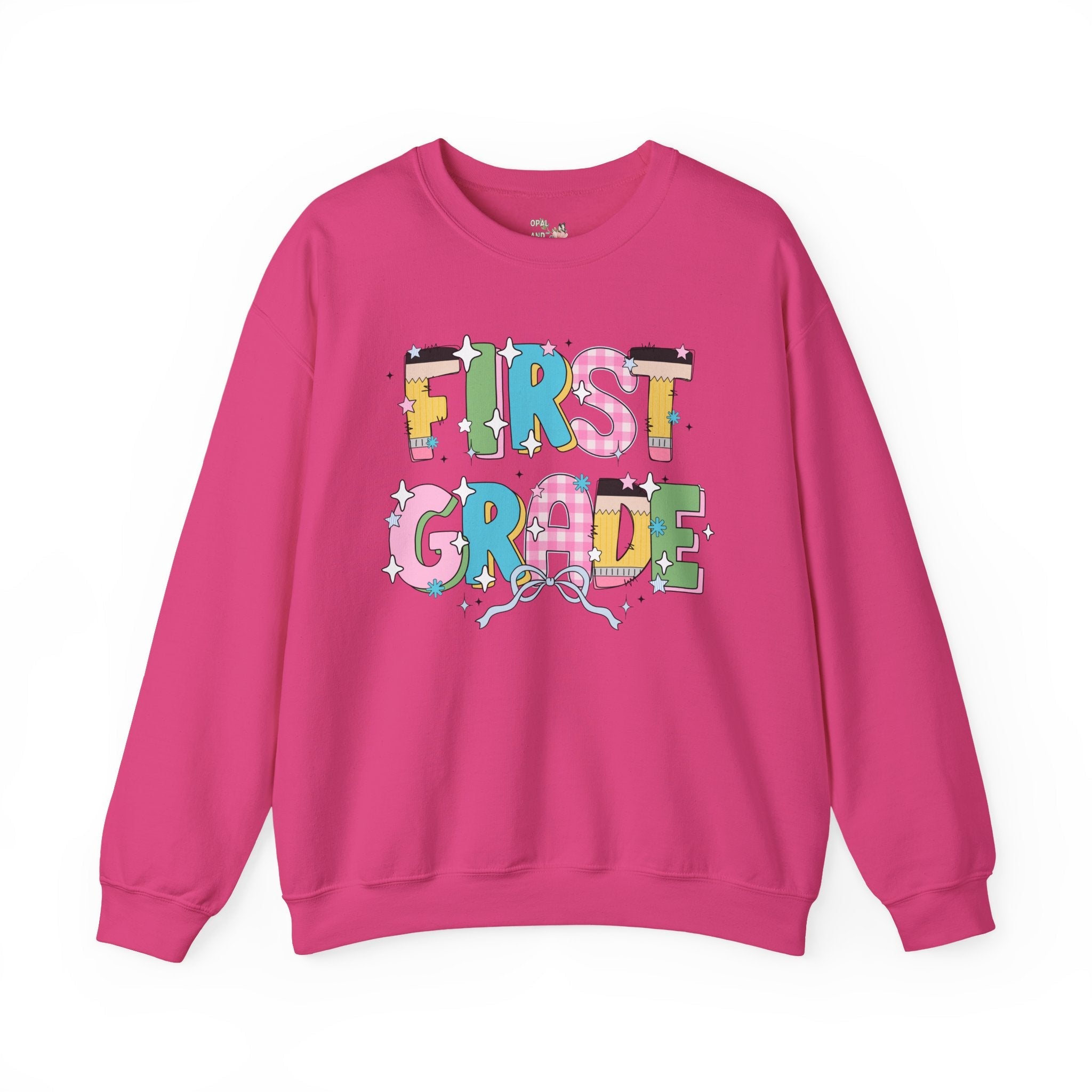 First Grade Teacher Sweatshirt with Bow and Adorable Early 2000s Style Doodles, Teacher Team Shirt, Back to School, First Day of School - Opal and June