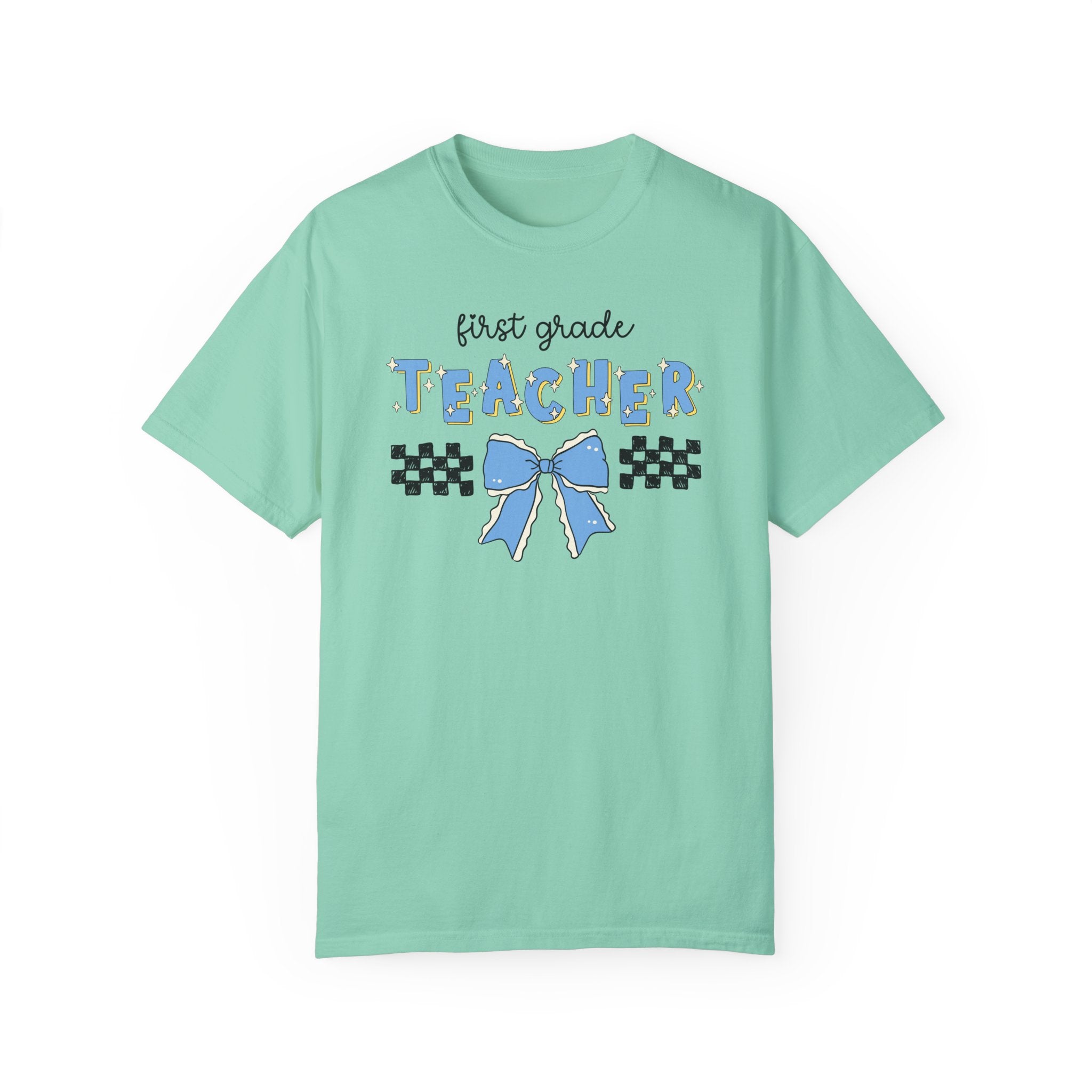 First Grade Teacher T-Shirt for First Day of School, Meet the Teacher Night, Cute Teaching Major Gift, New 1st Grade Teacher, Tee with Bow - Opal and June