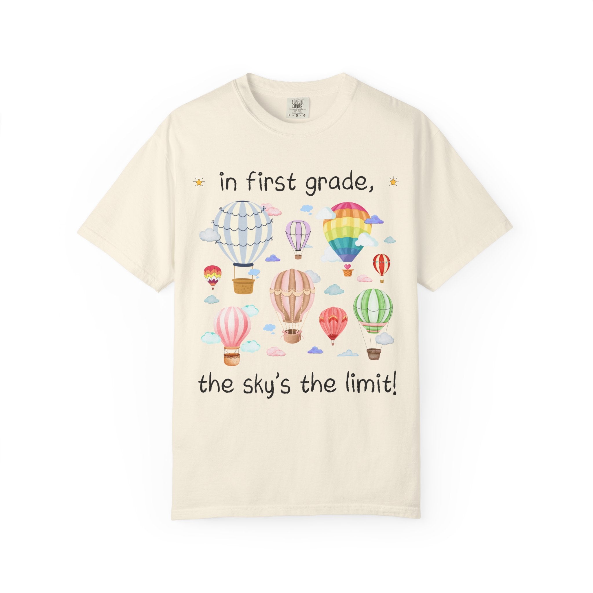 First Grade Teacher T-Shirt with Cute Retro Hot Air Balloons, Uplifting Colorful Maximalist Back to School Matching Teacher Tee with Clouds - Opal and June