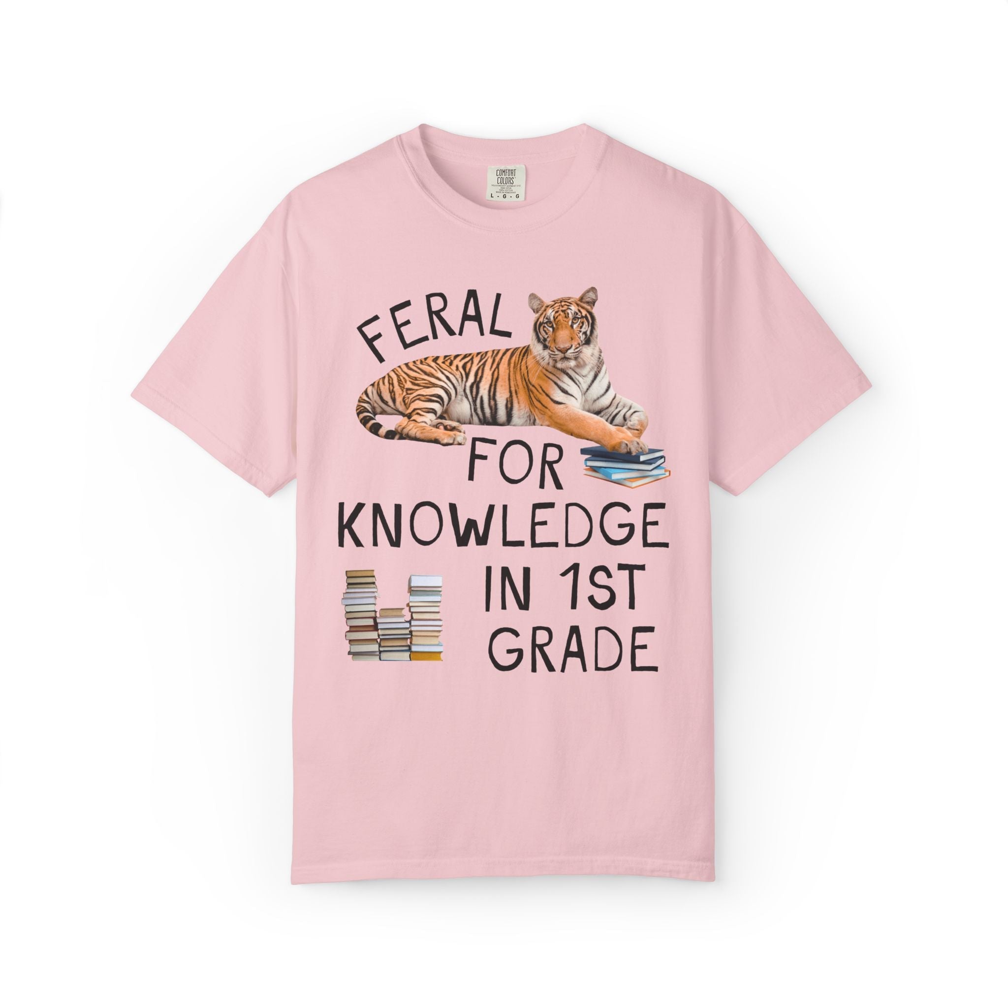 First Grade Teacher Team Shirt: Feral for Knowledge in 1st Grade, Silly Animal Lover T-Shirt with Tiger Holding Books, Matching Teacher Tee - Opal and June