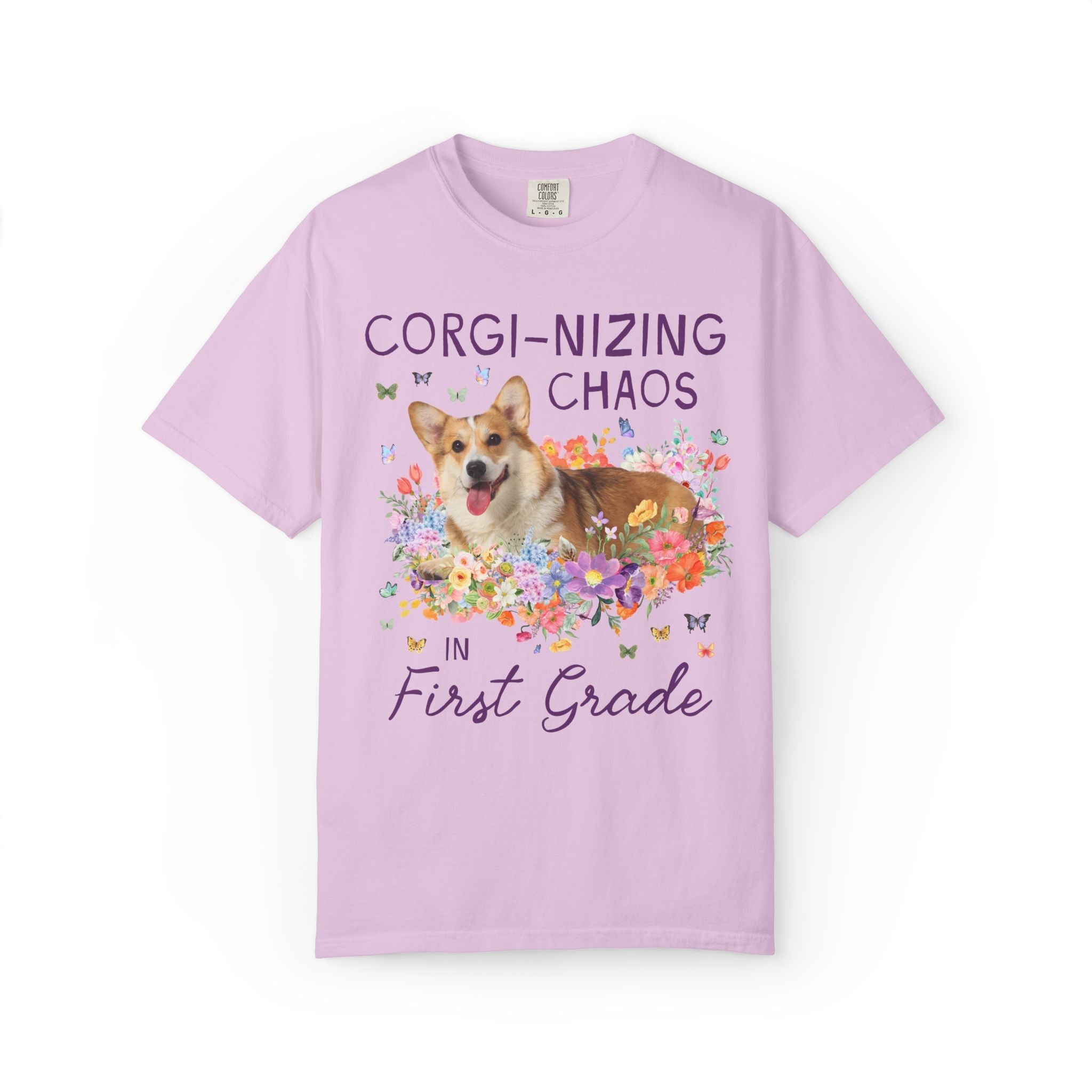 First Grade Teacher Tee Shirt: Corgi-Nizing Chaos Floral Tee for Animal Lover, Cute Welsh Corgi Dog Matching Teacher Tee, Back to School - Opal and June