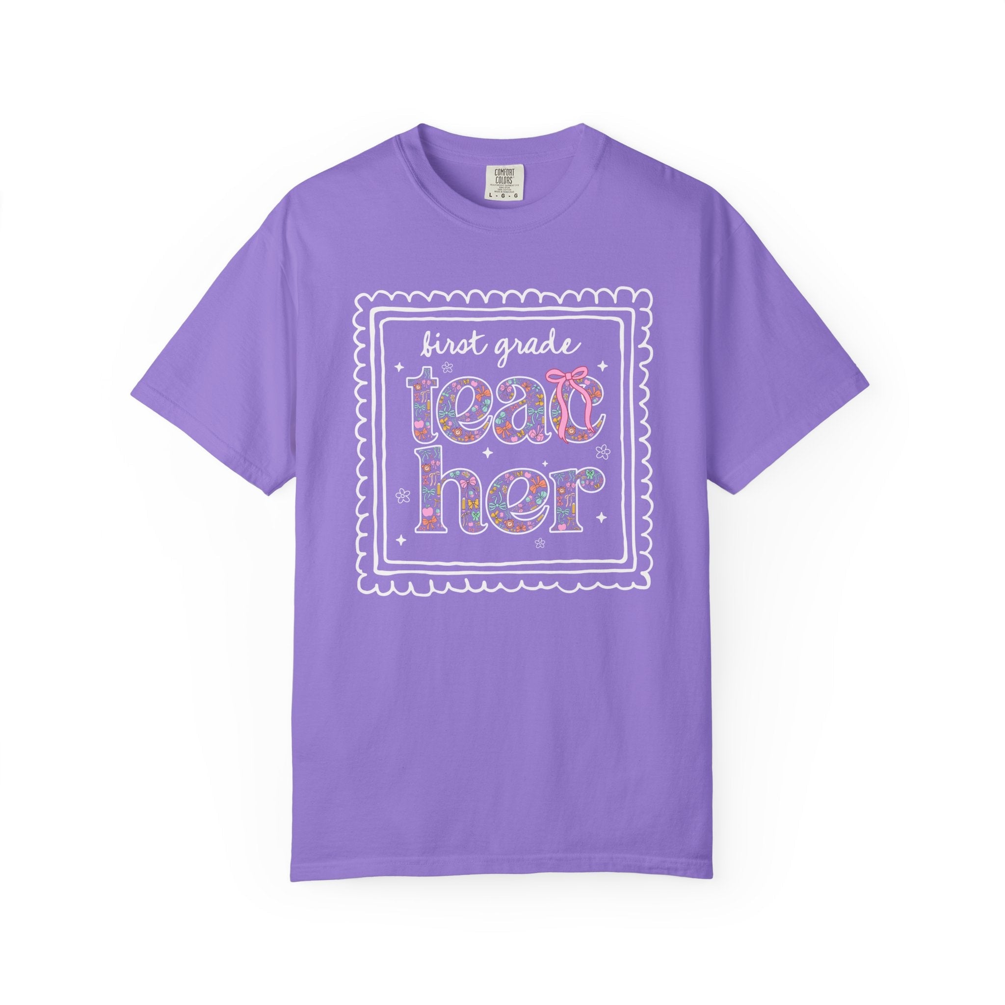 First Grade Teacher Tee Shirt for Back to School, Cute Floral Matching First Grade Crew T-Shirt with Bow, Cute Nineties Aesthetic Doodles - Opal and June