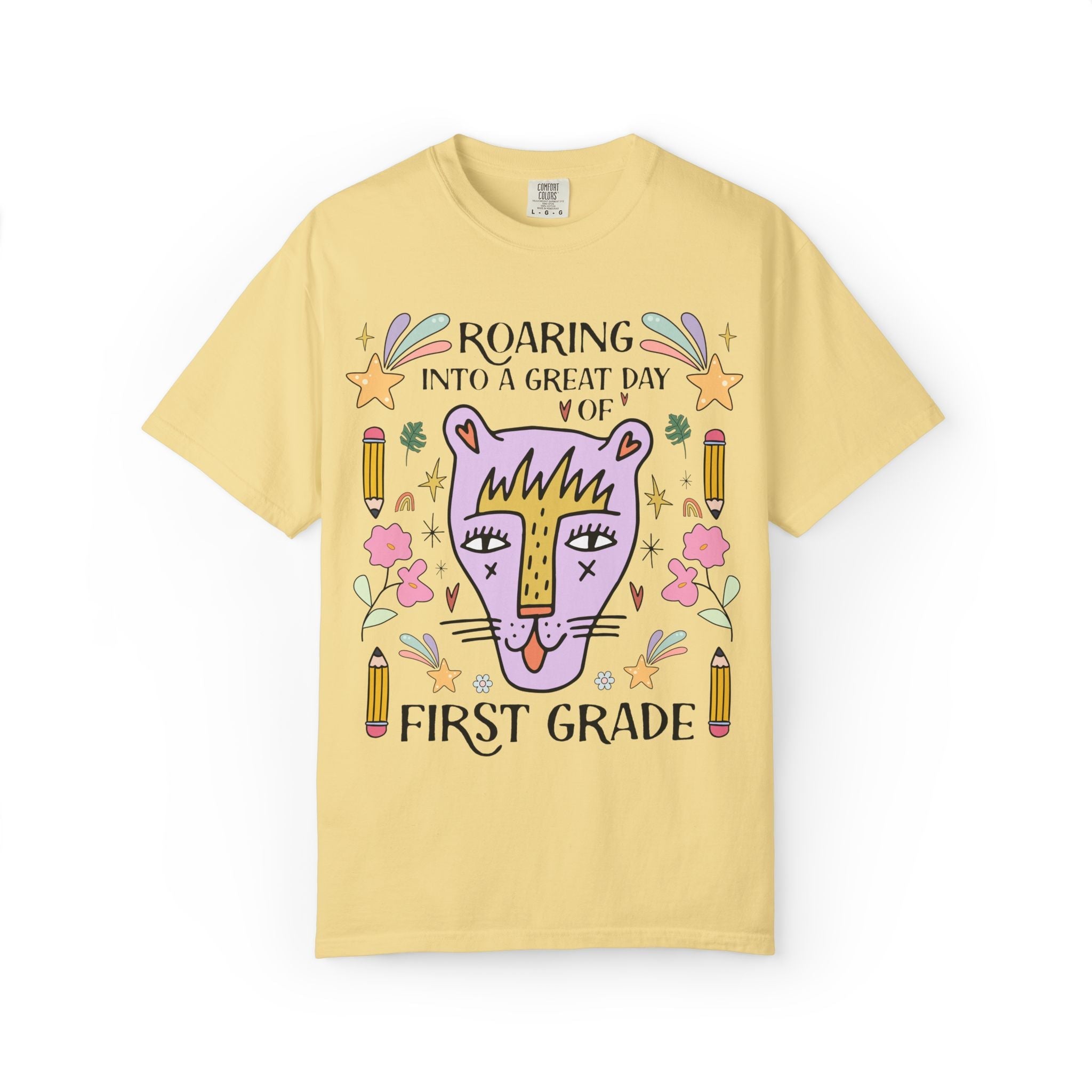 First Grade Teacher Tee Shirt: Roaring Into a Great Day of Reading | Cute Eclectic Matching Teacher or Paraprofessional Tee for Animal Lover - Opal and June