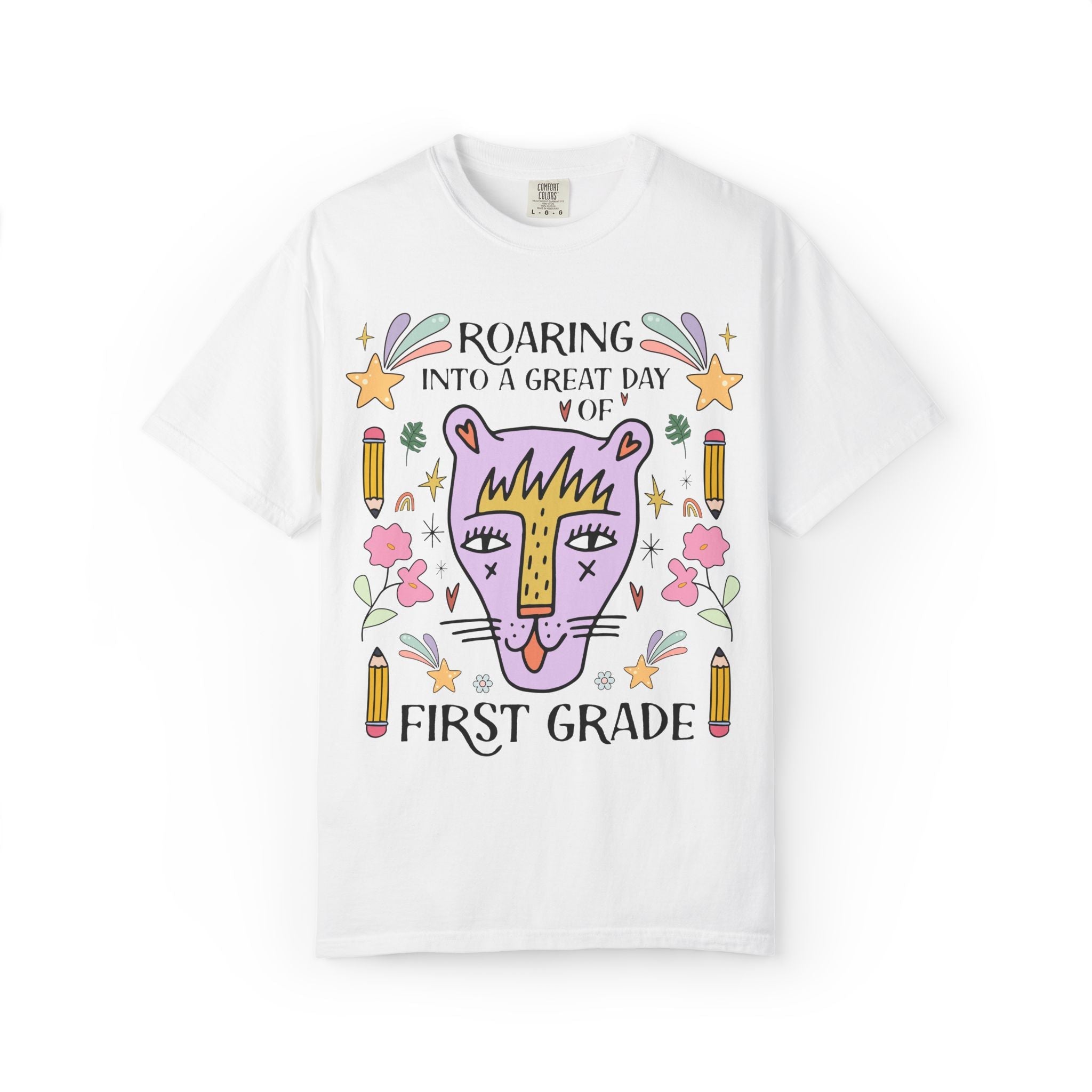 First Grade Teacher Tee Shirt: Roaring Into a Great Day of Reading | Cute Eclectic Matching Teacher or Paraprofessional Tee for Animal Lover - Opal and June