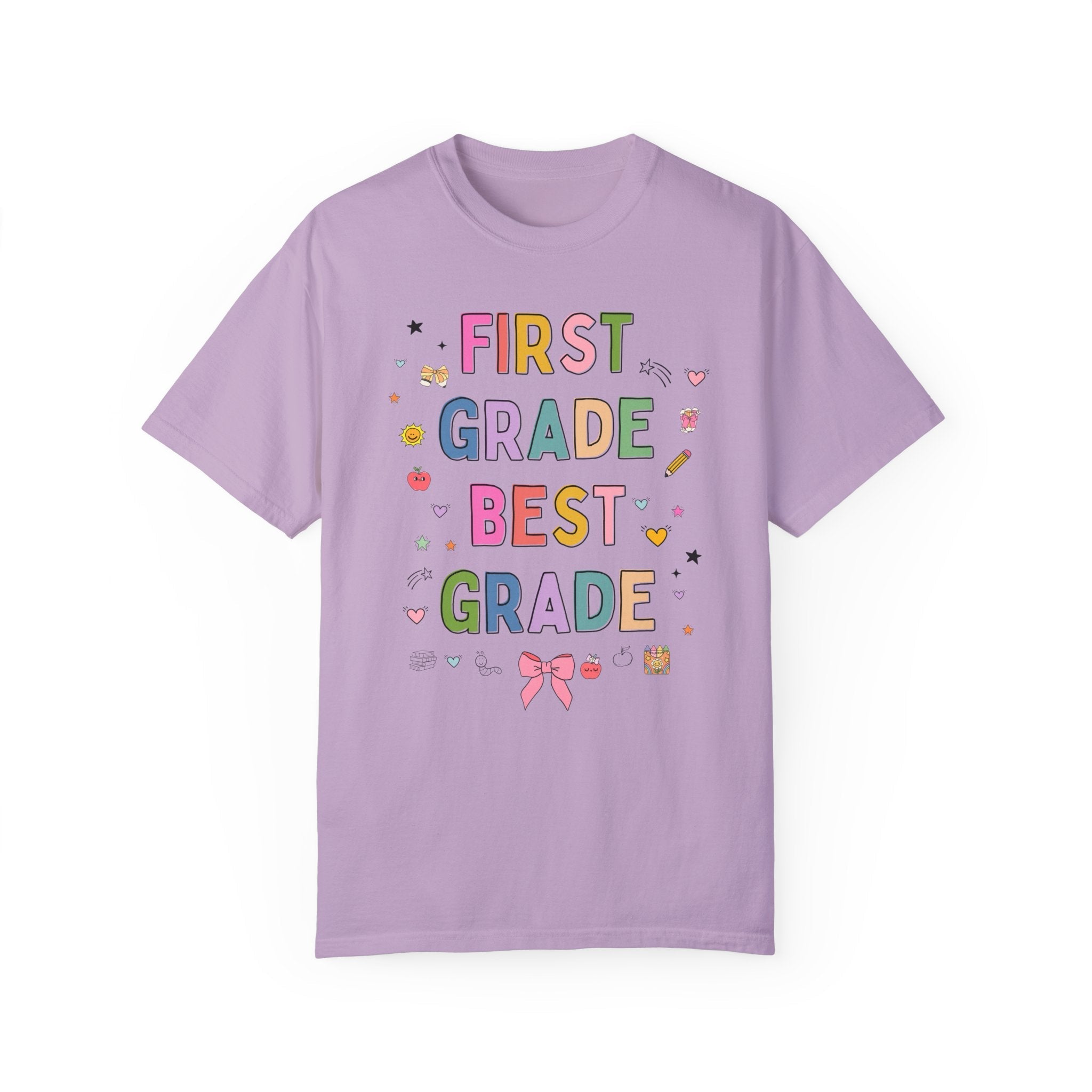 First Grade Teacher Tee Shirt with Cute 90s Aesthetic Doodles, Colorful Matching Teacher T-Shirt for First Grade Crew, New Teacher Present - Opal and June