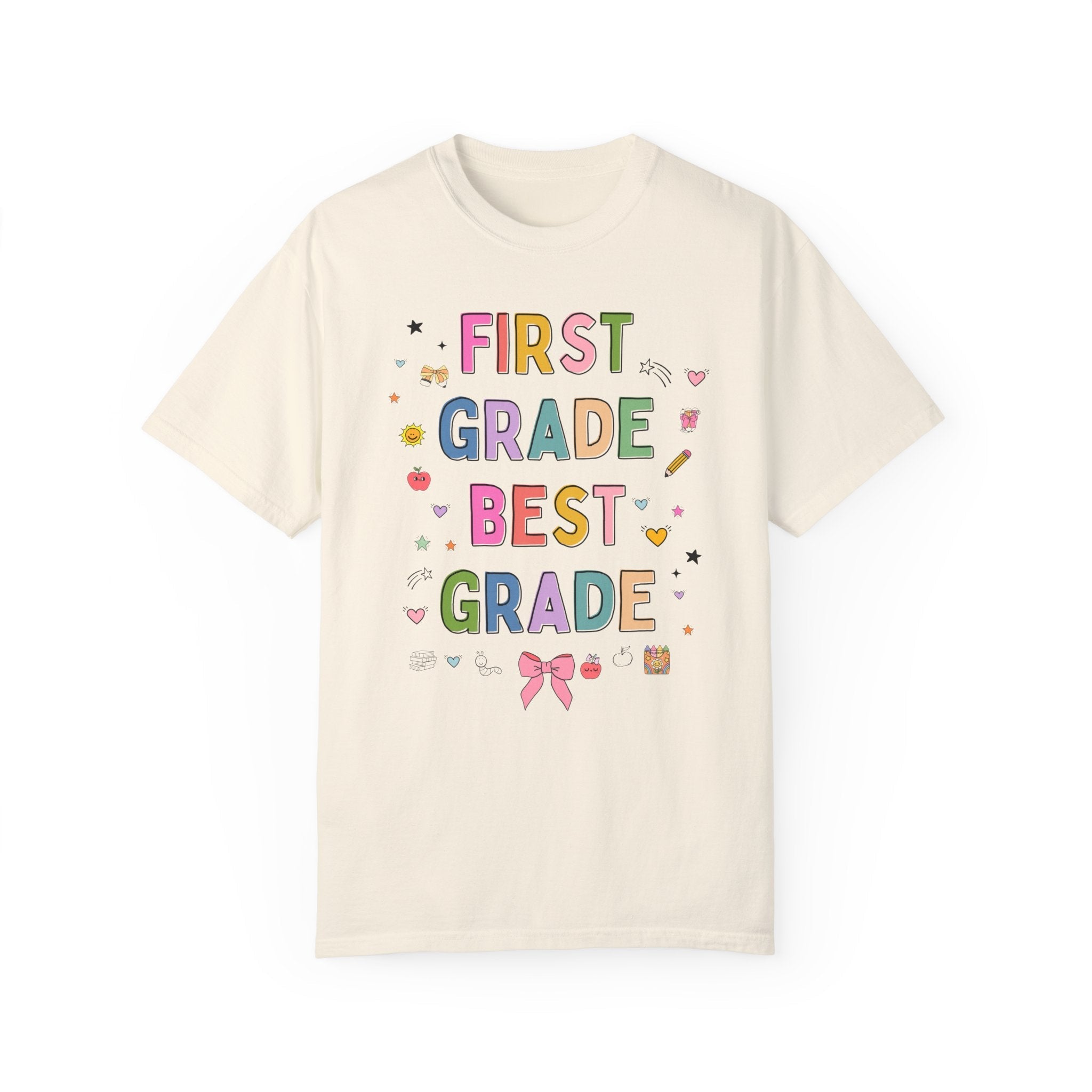 First Grade Teacher Tee Shirt with Cute 90s Aesthetic Doodles, Colorful Matching Teacher T-Shirt for First Grade Crew, New Teacher Present - Opal and June