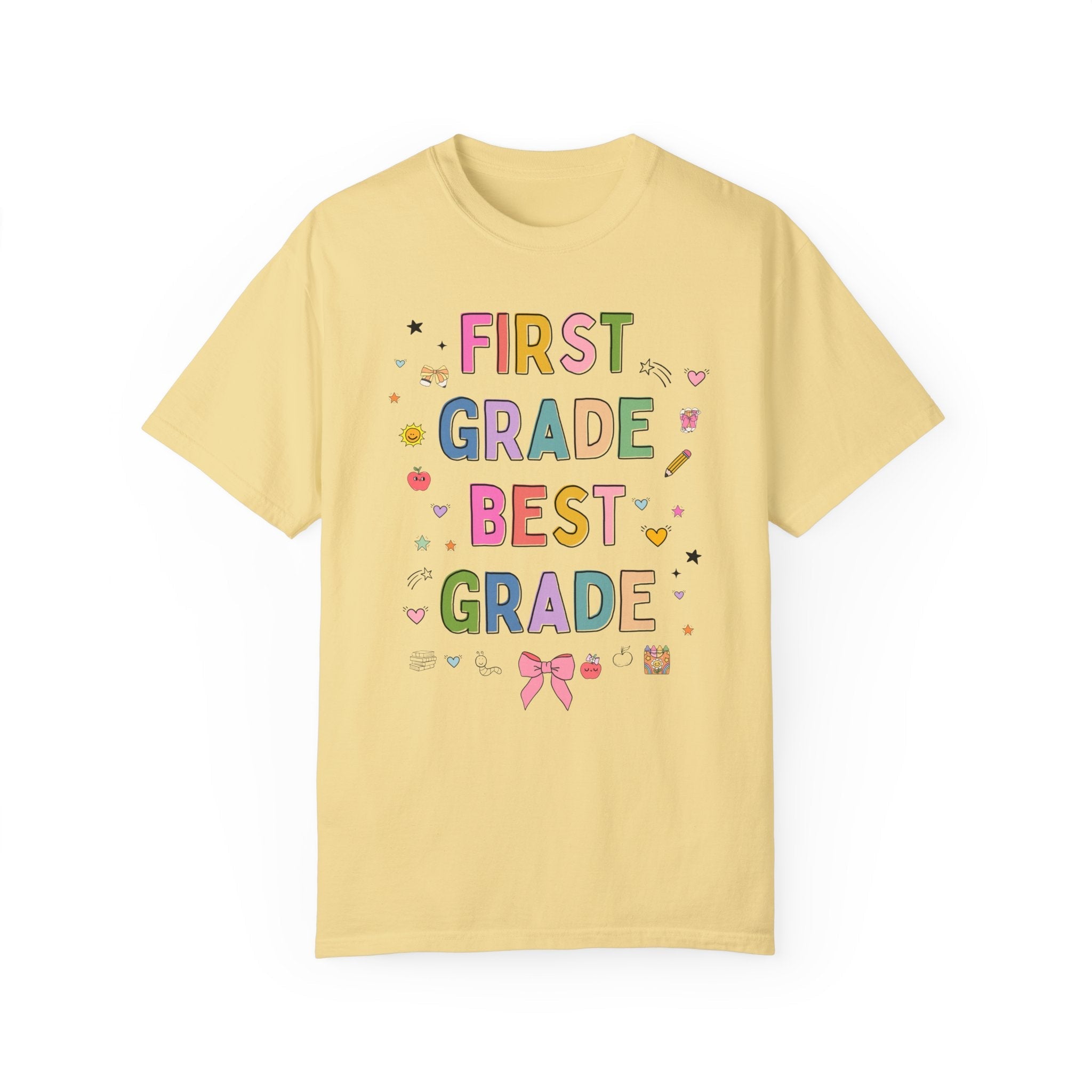First Grade Teacher Tee Shirt with Cute 90s Aesthetic Doodles, Colorful Matching Teacher T-Shirt for First Grade Crew, New Teacher Present - Opal and June