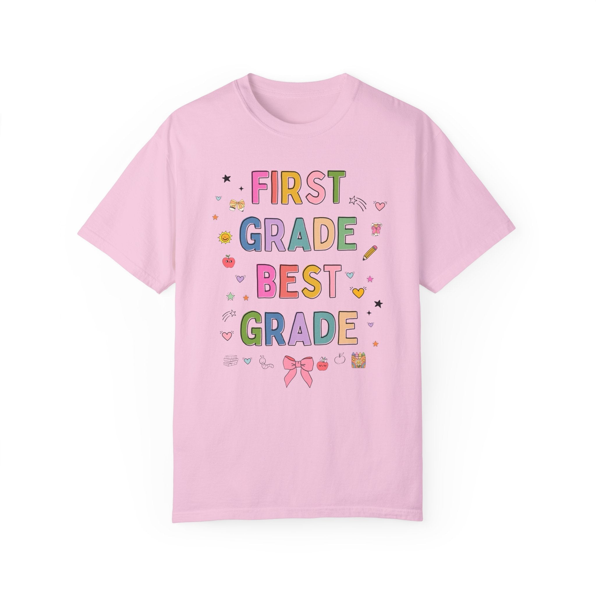 First Grade Teacher Tee Shirt with Cute 90s Aesthetic Doodles, Colorful Matching Teacher T-Shirt for First Grade Crew, New Teacher Present - Opal and June