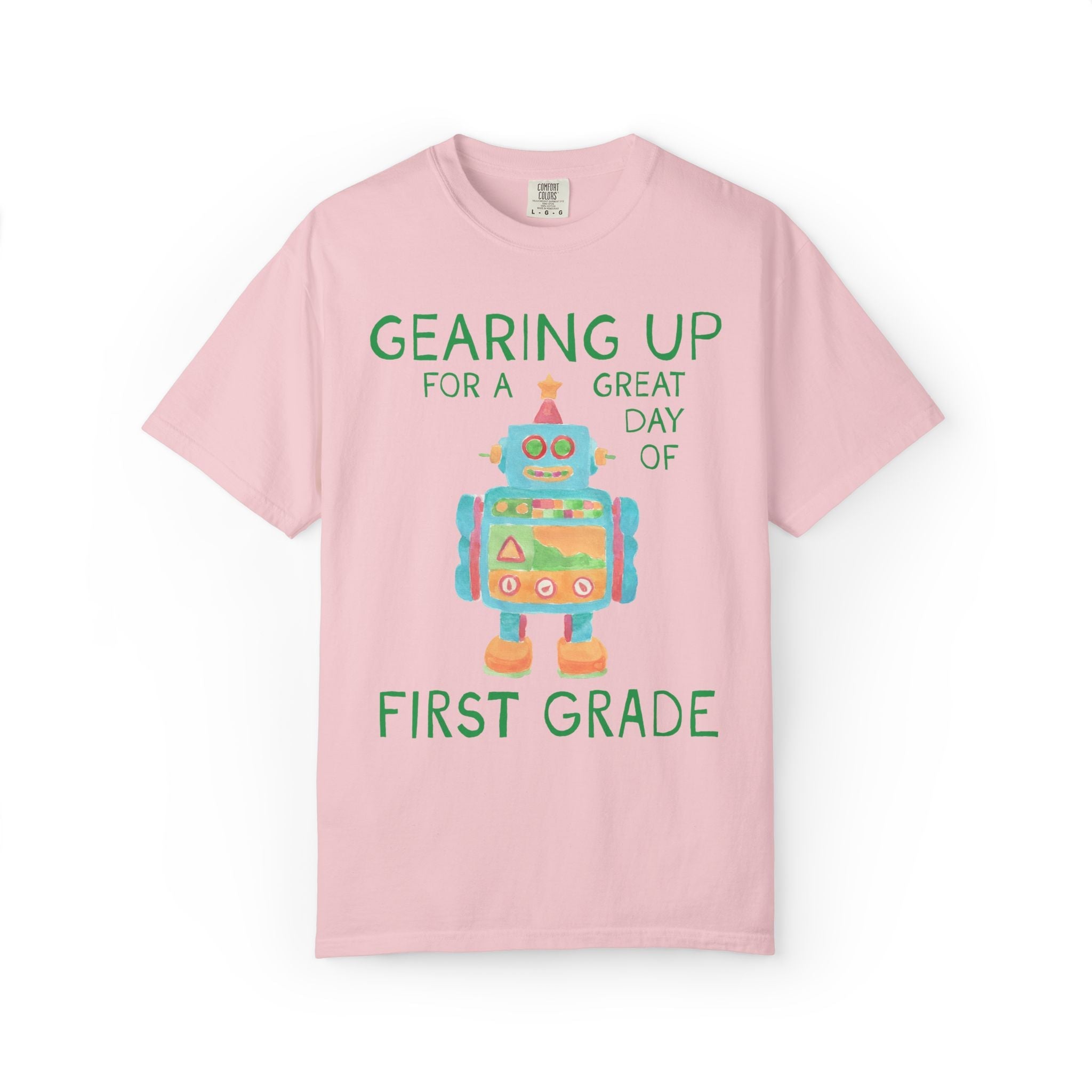 First Grade Teacher Tee Shirt with Cute Little Robot: Gearing Up for a Great Day, Funny Science Lover Robotics Tee for New School Year - Opal and June