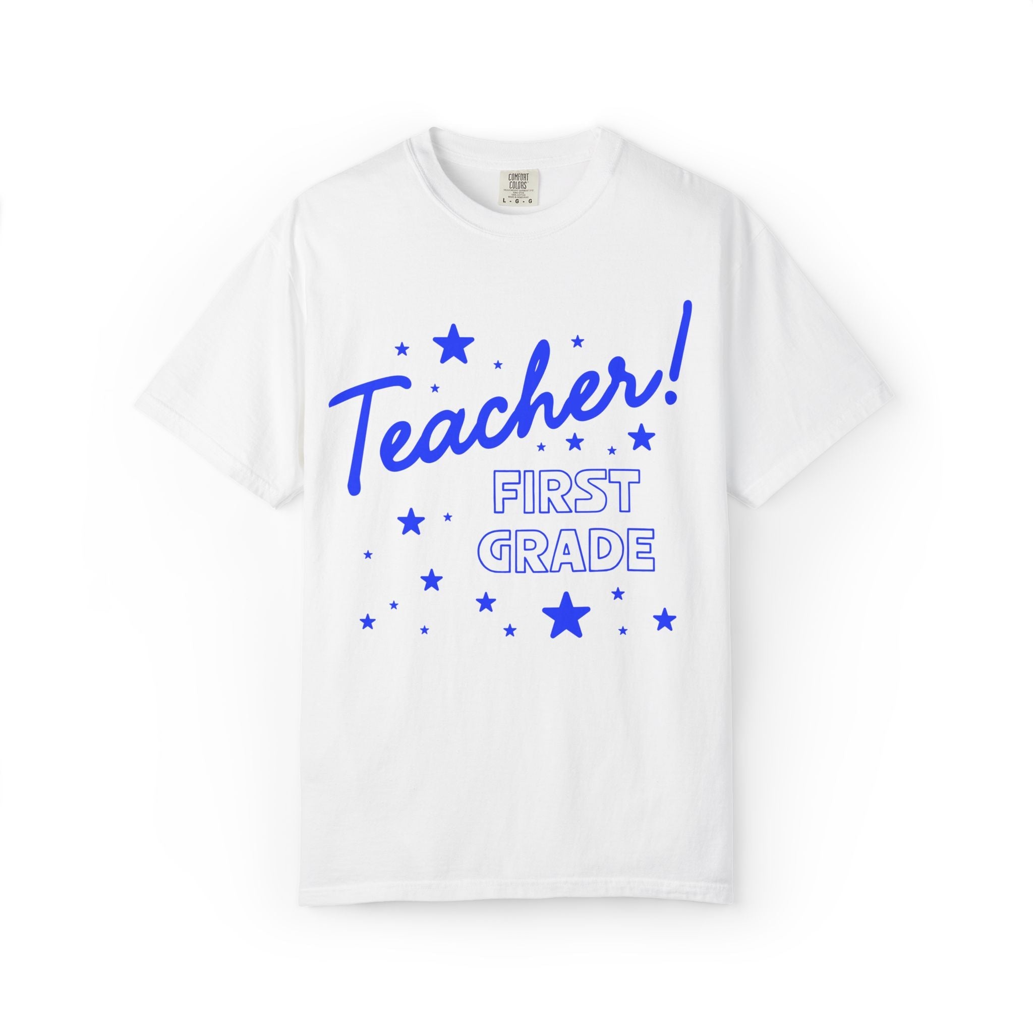 First Grade Teacher Tee Shirt with Stars: Cute Matching Teacher T-Shirt for Back to School or Meet the Teacher Night, First Grade Crew - Opal and June