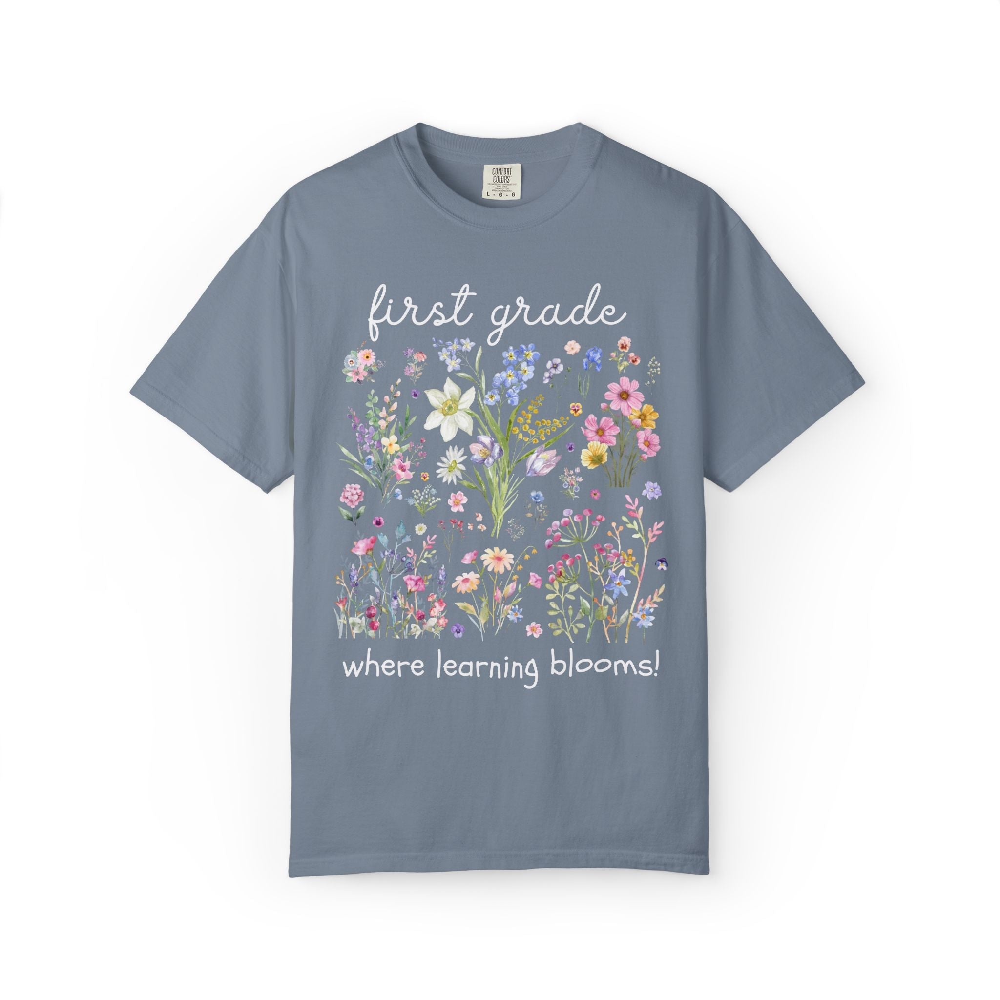 First Grade Teacher Vintage Botanical Tee Shirt: Where Learning Blooms! | Boho Cottagecore Matching Fairycore T-Shirt with Pressed Flowers, Soft Girl Style - Opal and June