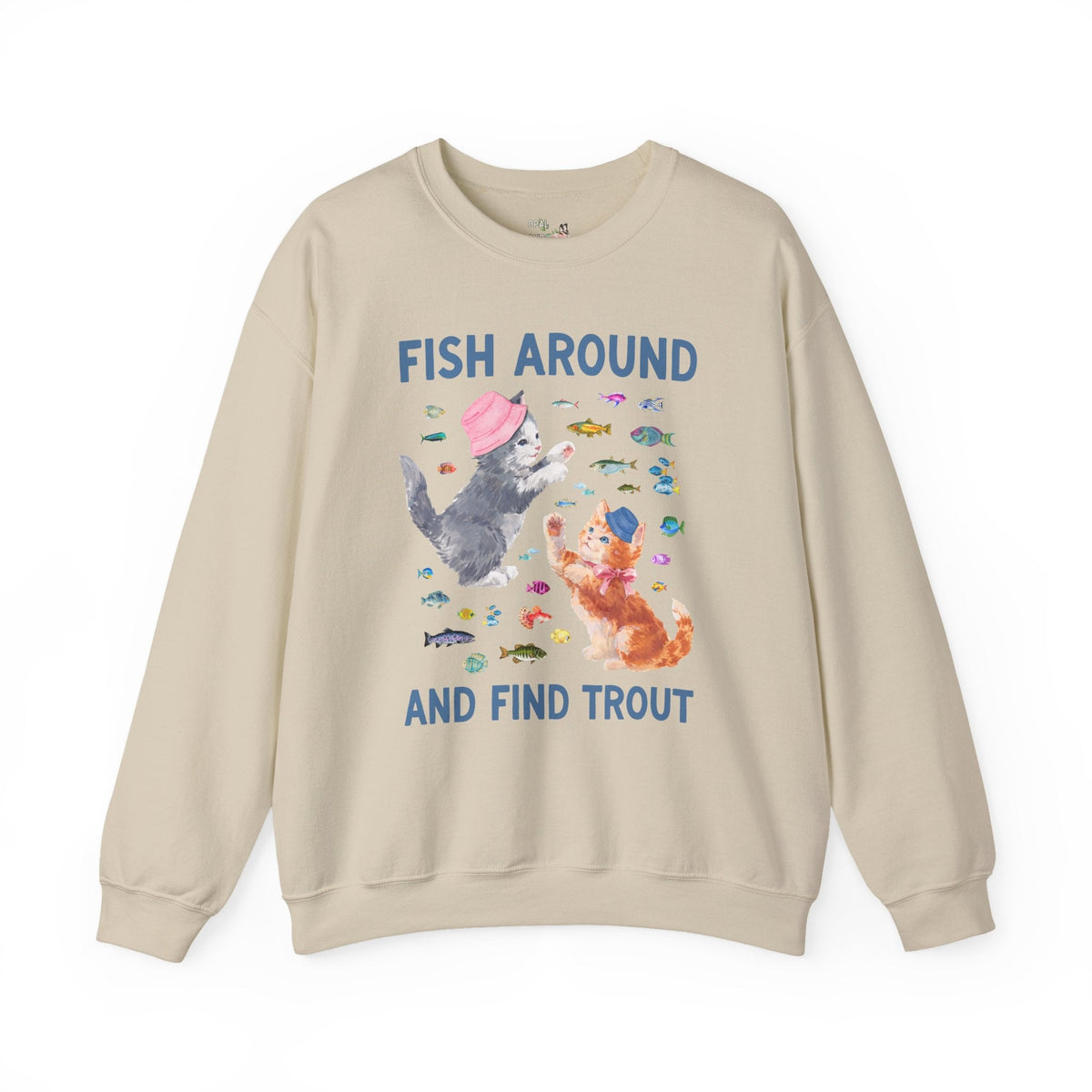 Fish Around and Find Trout Funny Cat Lover Sweatshirt for Cat Mom or Cat Dad, Silly Cat Parent Fishing Crewneck, Colorful 90s Aesthetic - Opal and June