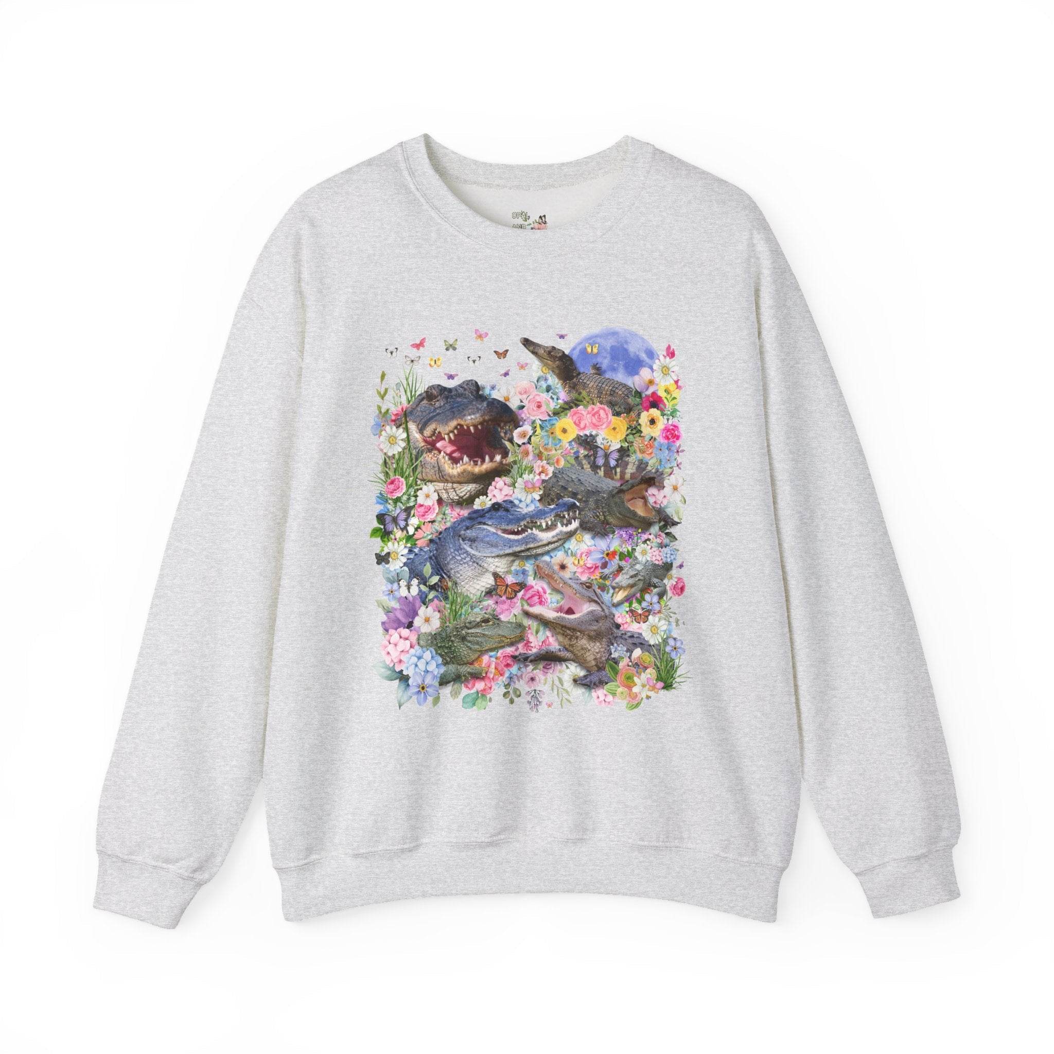Floral Alligator Sweatshirt with Butterflies, Silly Maximalist Animal Lover, 90s Throwback Crocodile Shirt with Flowers, Weirdcore Dreamcore - Opal and June