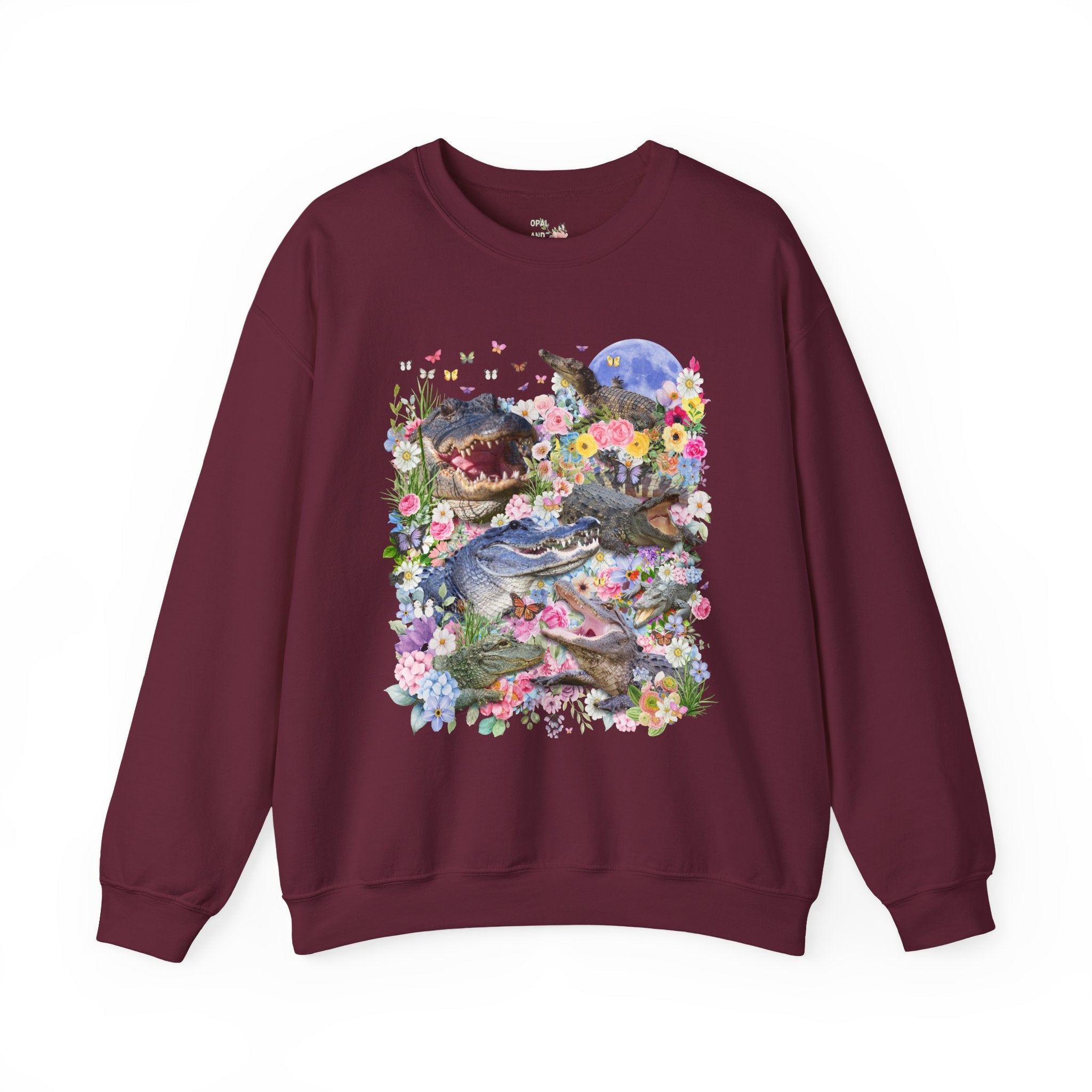 Floral Alligator Sweatshirt with Butterflies, Silly Maximalist Animal Lover, 90s Throwback Crocodile Shirt with Flowers, Weirdcore Dreamcore - Opal and June