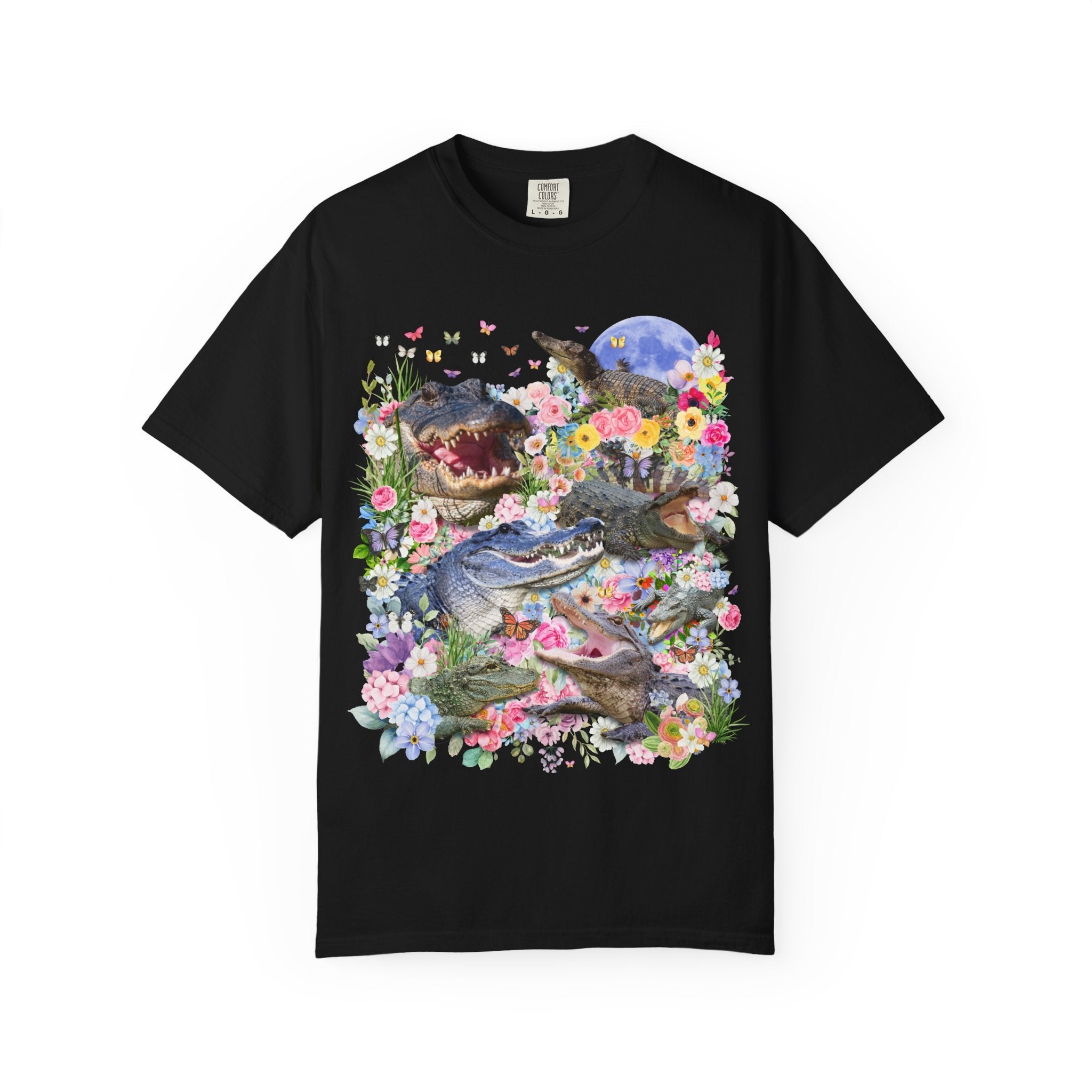 Floral Alligator T-Shirt with Butterflies, Silly Maximalist Animal Lover, Nineties Throwback Crocodile Tee with Flowers, Weirdcore Dreamcore - Opal and June