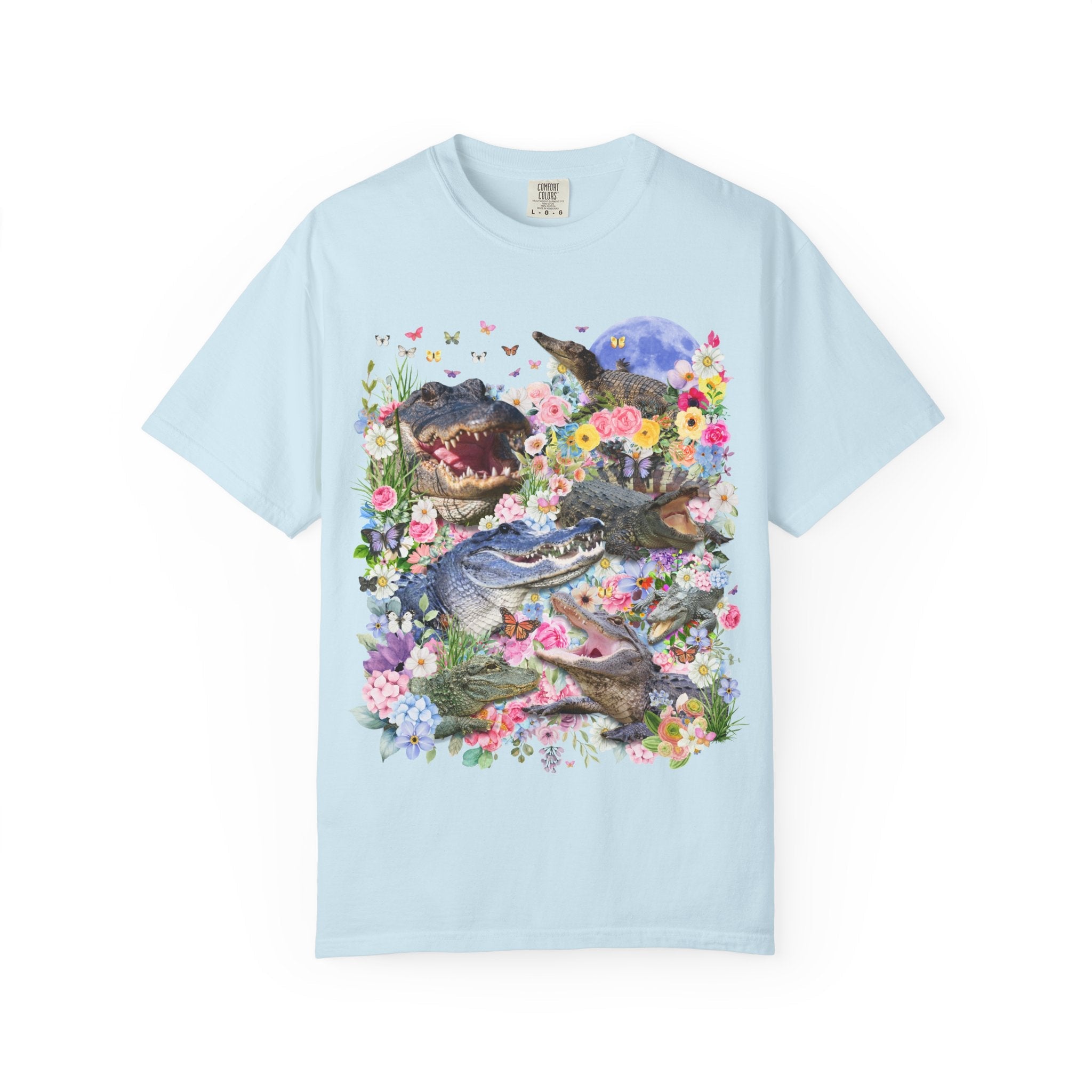 Floral Alligator T-Shirt with Butterflies, Silly Maximalist Animal Lover, Nineties Throwback Crocodile Tee with Flowers, Weirdcore Dreamcore - Opal and June