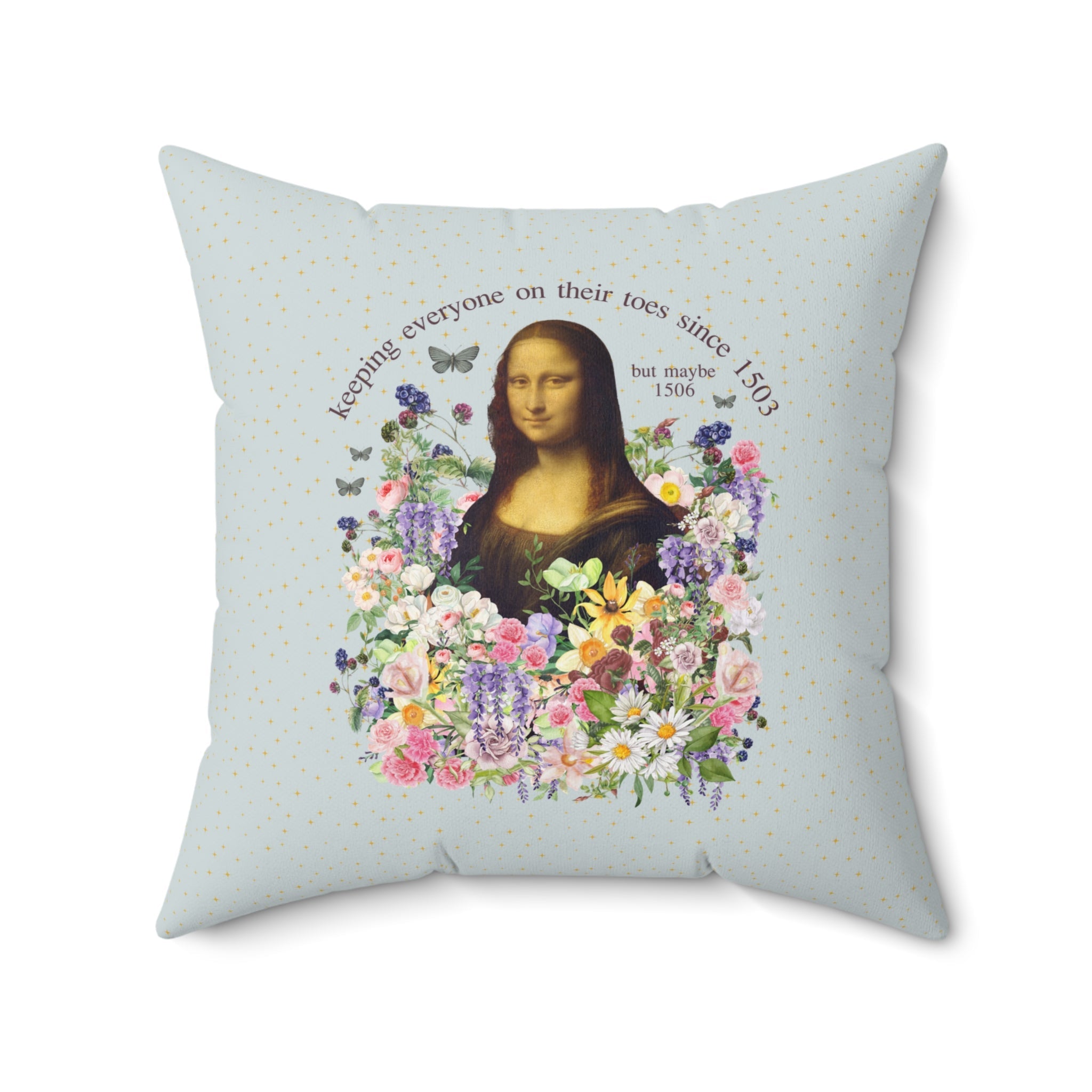 Floral Art History Pillow: Cute Mona Lisa Pillow for History Teacher or Art Historian, Italian Renaissance Pillow with Colorful Boho Flowers - Opal and June