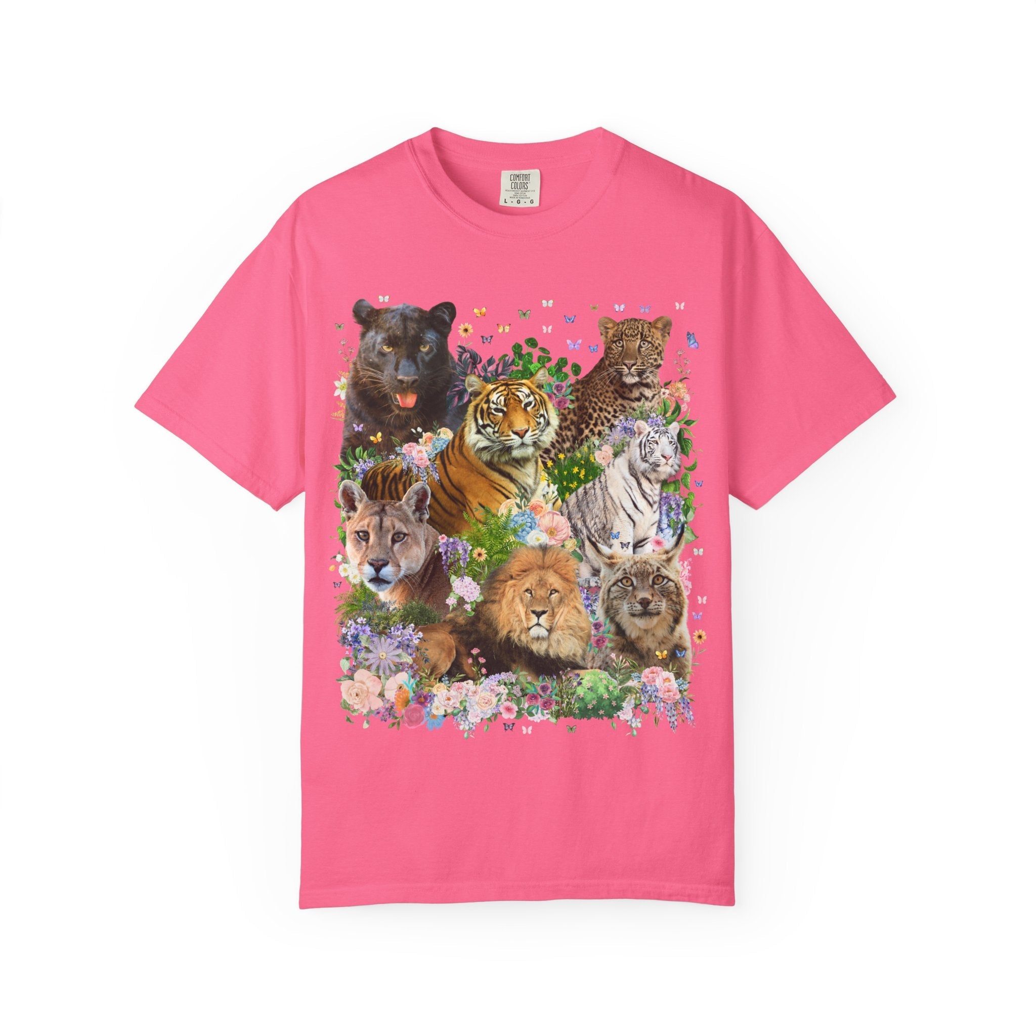 Floral Big Cat Collage Tee Shirt with Butterflies, Animal Lover 90s Aesthetic Wild Goblincore Tee Shirt with Flowers, Lion Panther Lynx Tee - Opal and June